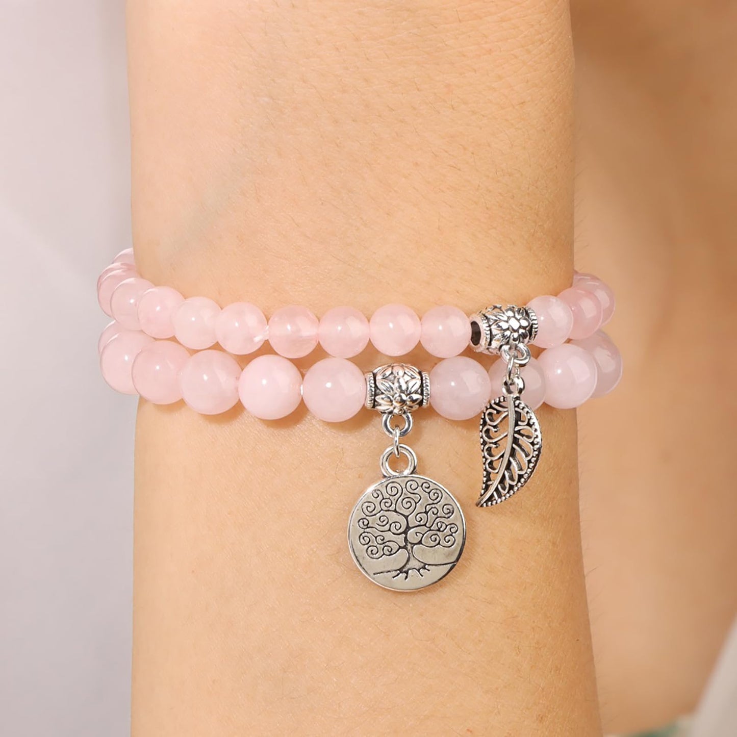 Rose Quartz Bracelets for Women Pink Quartz Natural Stone Crystal Bracelet Gemstone Beaded Bracelet Boho Tree of Life and Leaf Charm Bracelet Rose Quartz Jewelry for Women