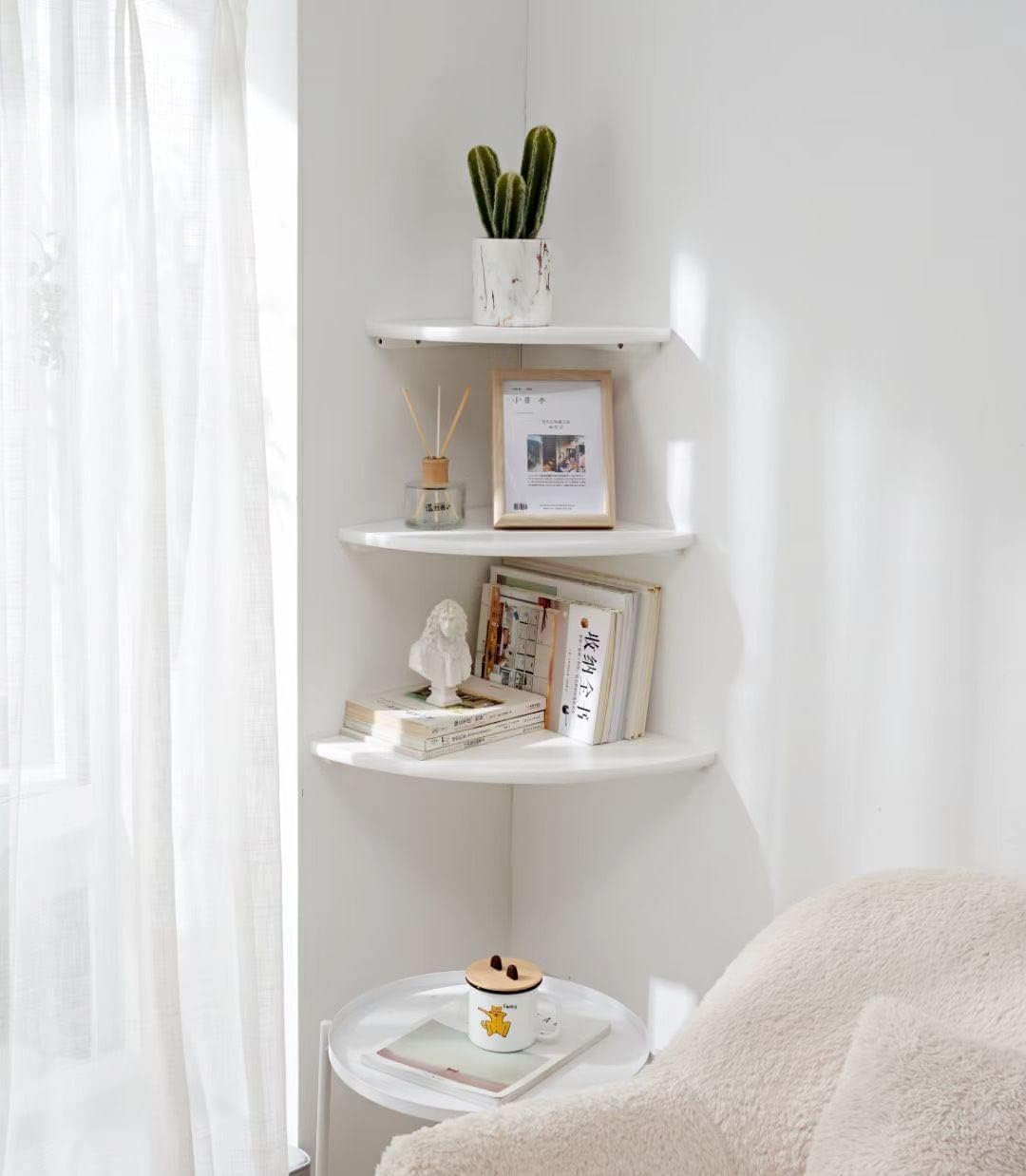 Conamily Corner Shelf, White Solid Oak Wood Floating Corner Shelves Wall Mount Round End Floating Speaker Rack Display Shelf for Small Plant Photo Frame (White, 7in)