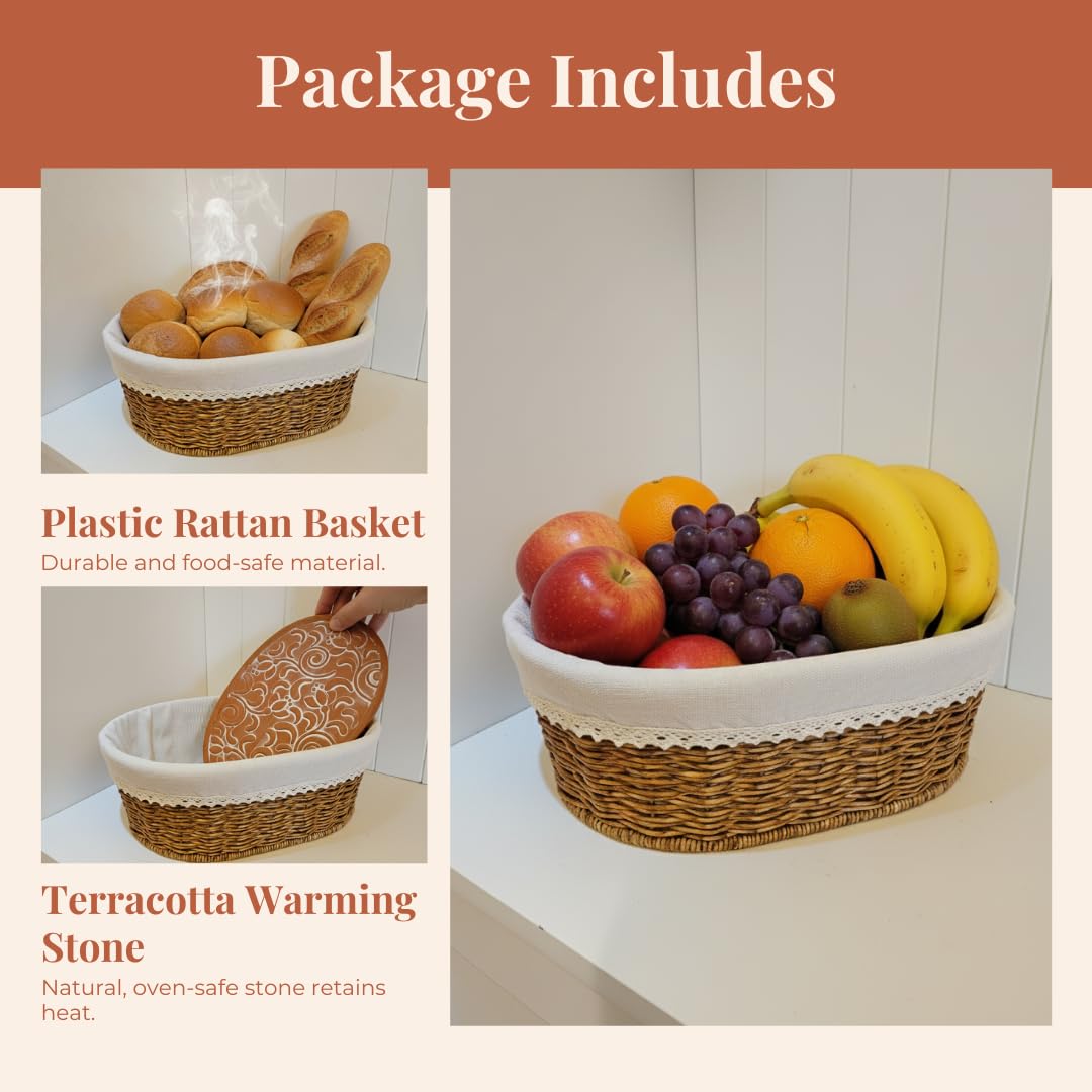 Rustic Bread Basket with Warmer – Woven Farmhouse Bread Basket with Terracotta Warming Stone, Keeps Bread Warm & Fresh, Cozy Serving Basket for Bread, Rolls & Pastries, Mothers day, Mothers day gift