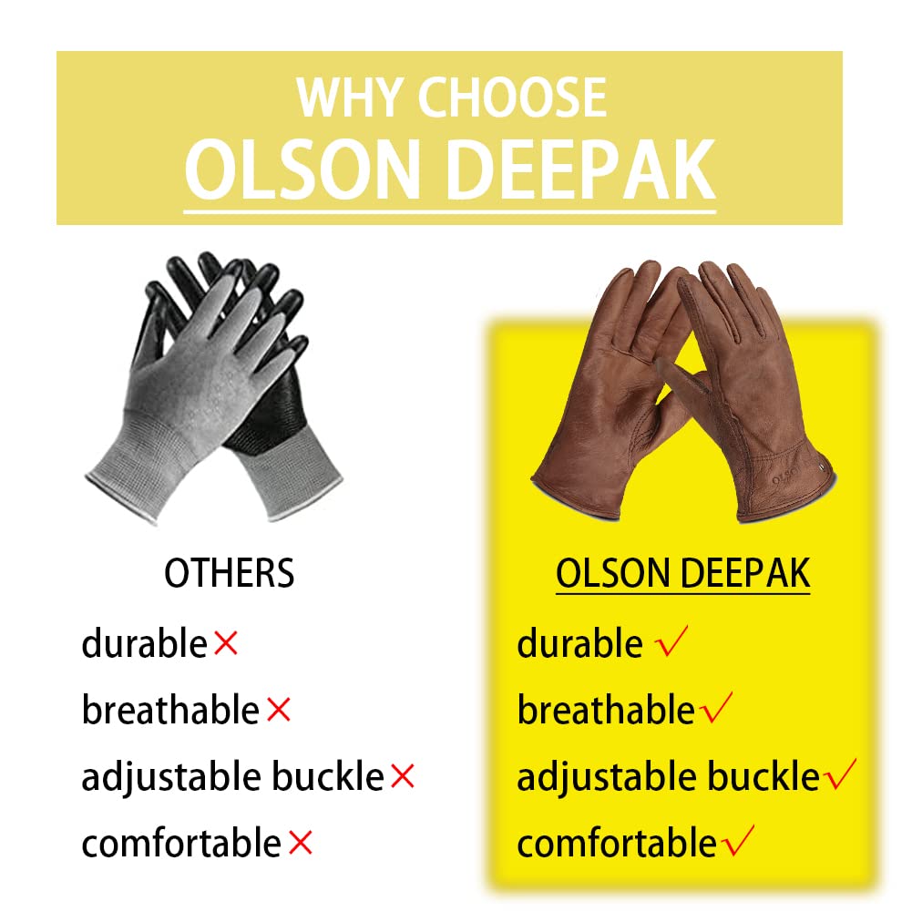 OLSON DEEPAK Waterproof Leather Work Gloves for Men&Women,Brown Cowhide Thornproof Garden work Gloves,Water Resistant windproof Gloves,Medium