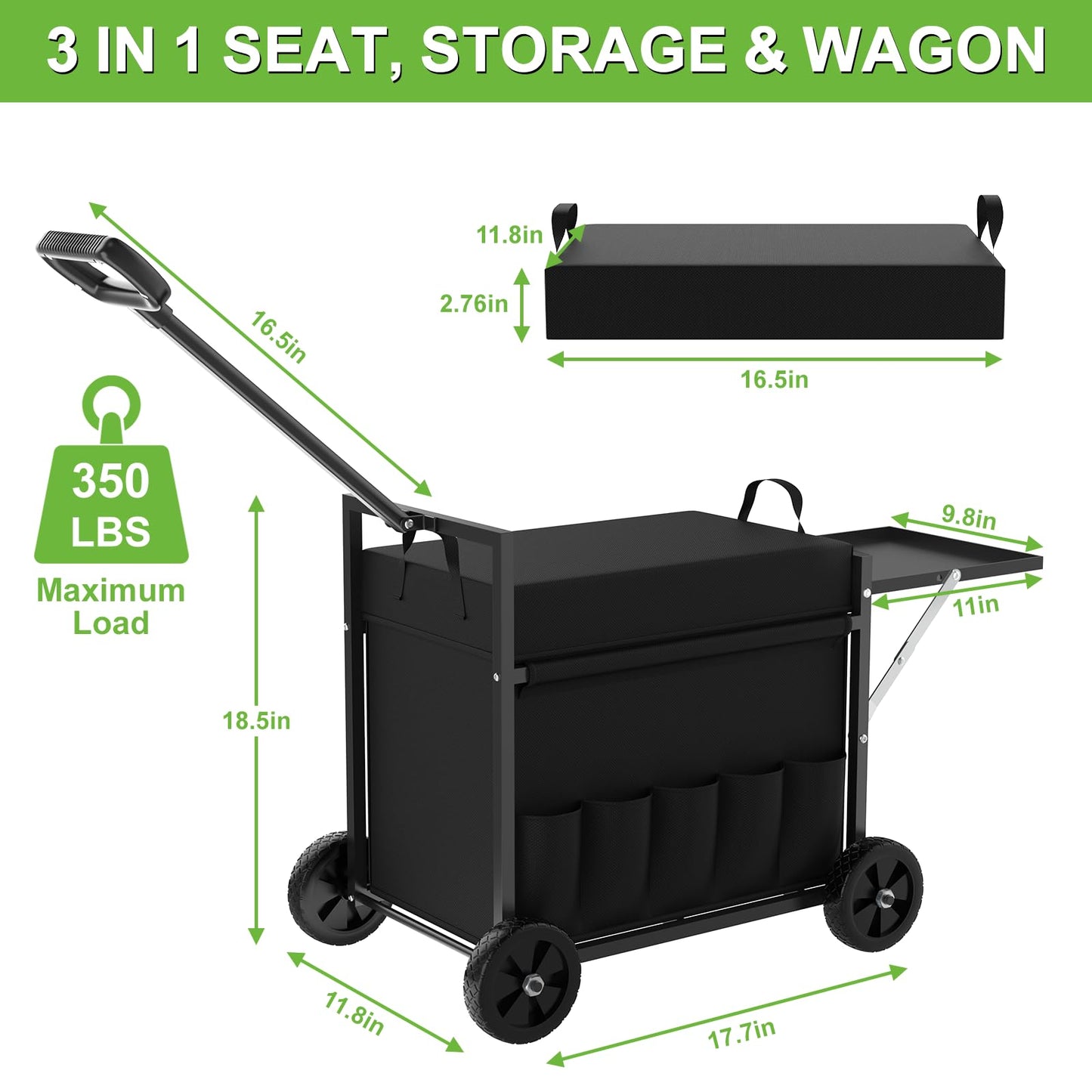 Garden Seat with Wheels, Garden Cart with Seat, 400 lbs Garden Rolling Stools with Wheels for Seniors, Rolling Utility Cart with Large Storage, Foldable Side Trays, for Patio, Lawn, Backyard Gardening