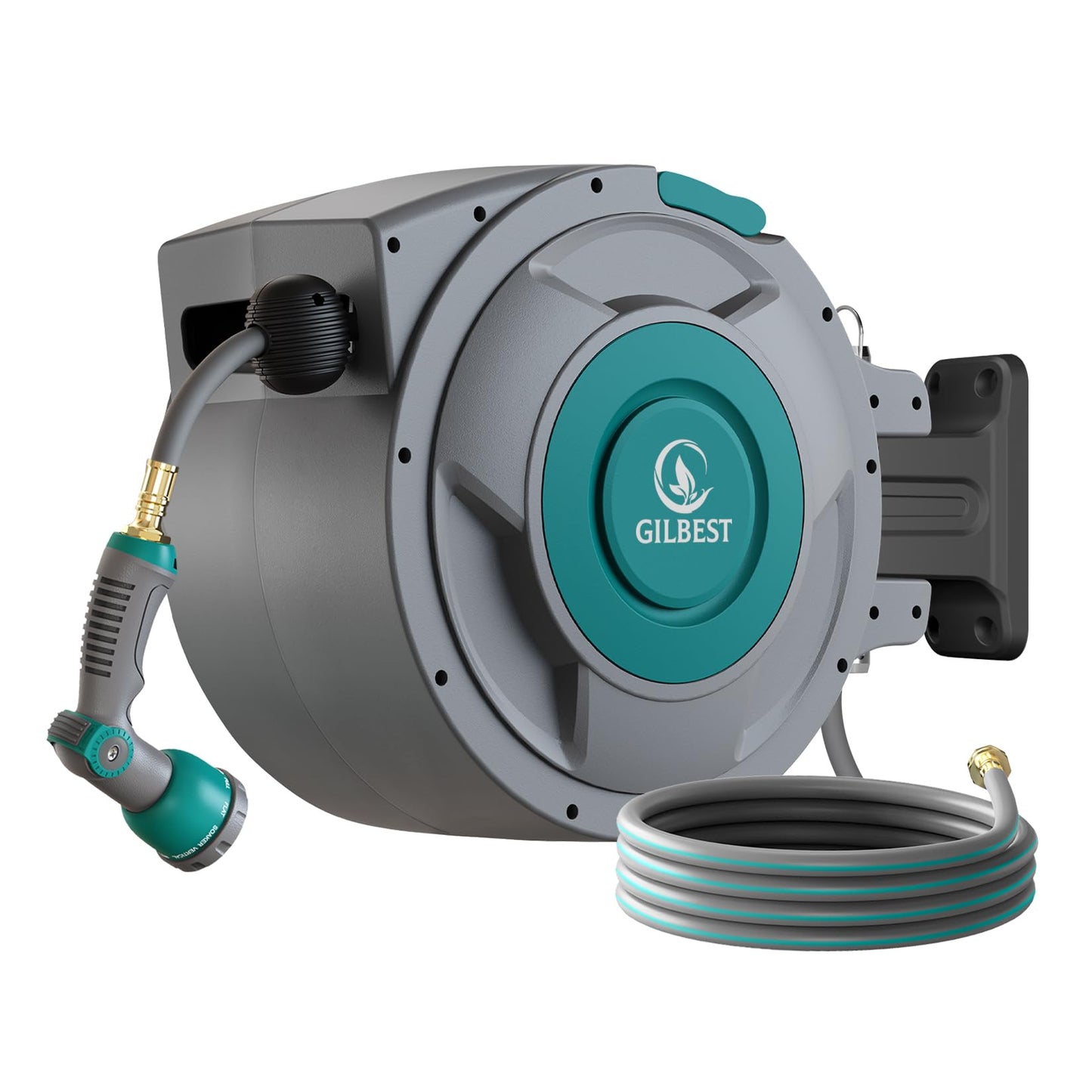GILBEST 5/8" x 100 ft Retractable Garden Hose Reel, Heavy Duty Water Hose Reel Wall Mounted, Any Length Lock, 180°Swivel, Retractable Hose with 10-Function Nozzle for Cleaning, Watering (Green)