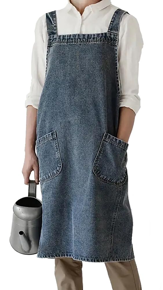 BCHWAY FAMILY Denim Apron with Large Pockets for Cooking Kitchens, Gardening Aprons for Women Men, Bib Jean Apron for Arts Cafe Work (Style B, Deep Blue)