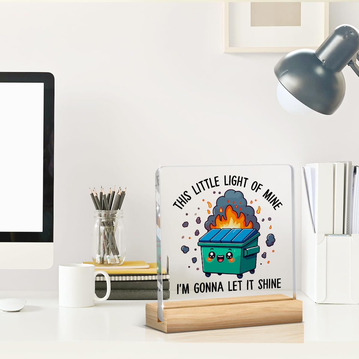 Dumpster Fire Desk Decor, Dumpster Fire Desk Accessories, Funny Office Decor, Coworker Gifts, Inspirational Gifts for Women Men Boss Friend, Acrylic Plaque for Home Office Tabletop Shelf