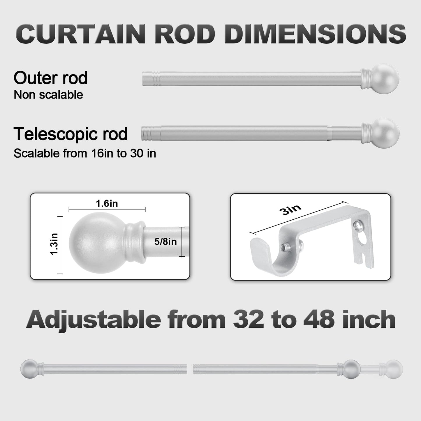 Authandis Silver Curtain Rods for Windows with Brackets,5/8 Inch Diameter Small Window Curtain Rod Adjustable 32 to 48 Inches,Easy Install Drapery Rods,Gray