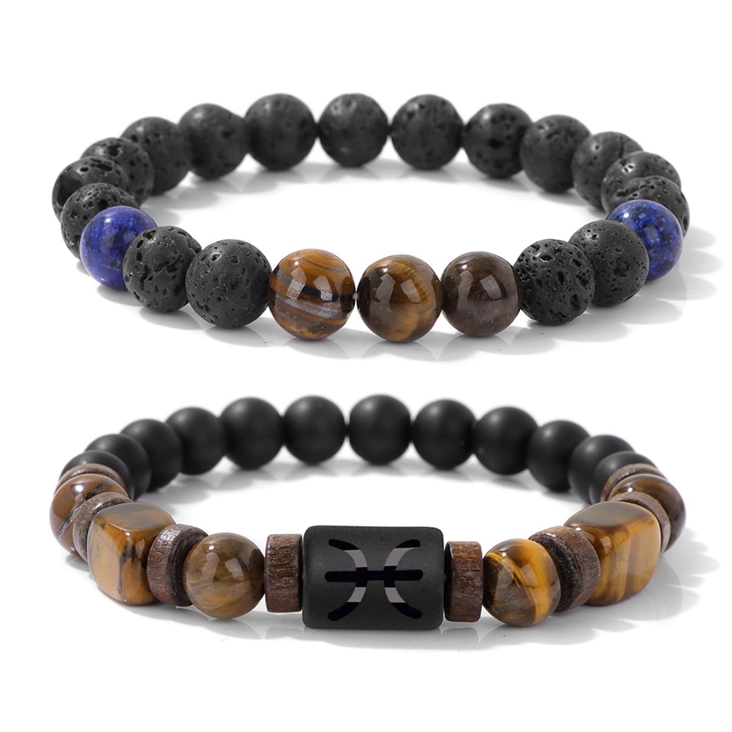 Pisces Zodiac Lapis Lazuli Bracelet for Women Men-2pcs 8mm Obsidian And Tigers Eye Beaded Bracelets Healing Crystals Jewelry for Birthday Valentines Day Mother's Day Christmas Gifts