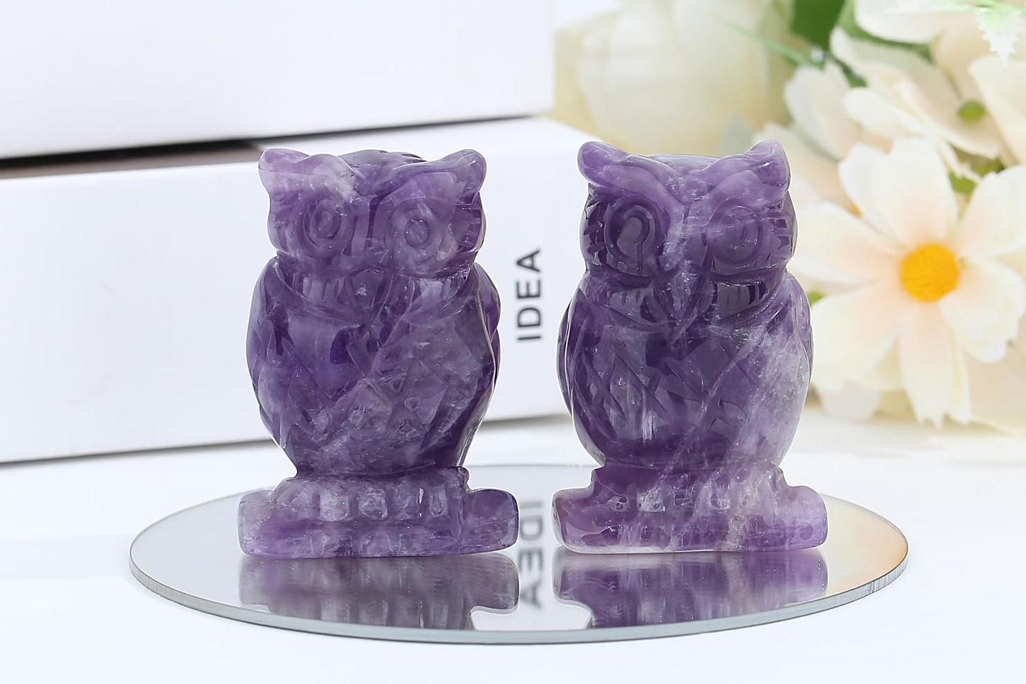 YATOJUZI 2” Owl Decors Natural Amethyst Crystals Stones Purple Cute Decor Polished Hand-Carved Sculpture Statue Figurines Gemstone Home Office Desk Decoration Reiki Energy Gifts