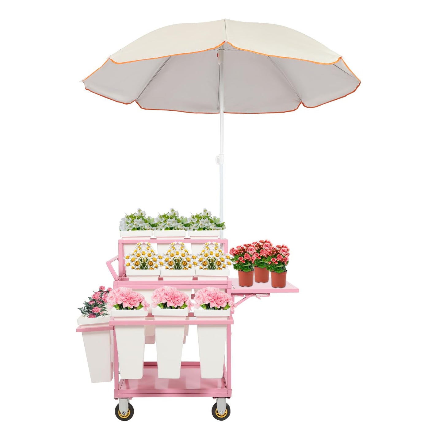 Metal Outdoor Flower Display Stand with Parasols, Heavy Duty Metal Flower Cart with 18 Buckets, Flower Plant Stand with Wheels, Moving Florist Bouquet Shelf for Patio Garden Florist Weddings Party (Pink)
