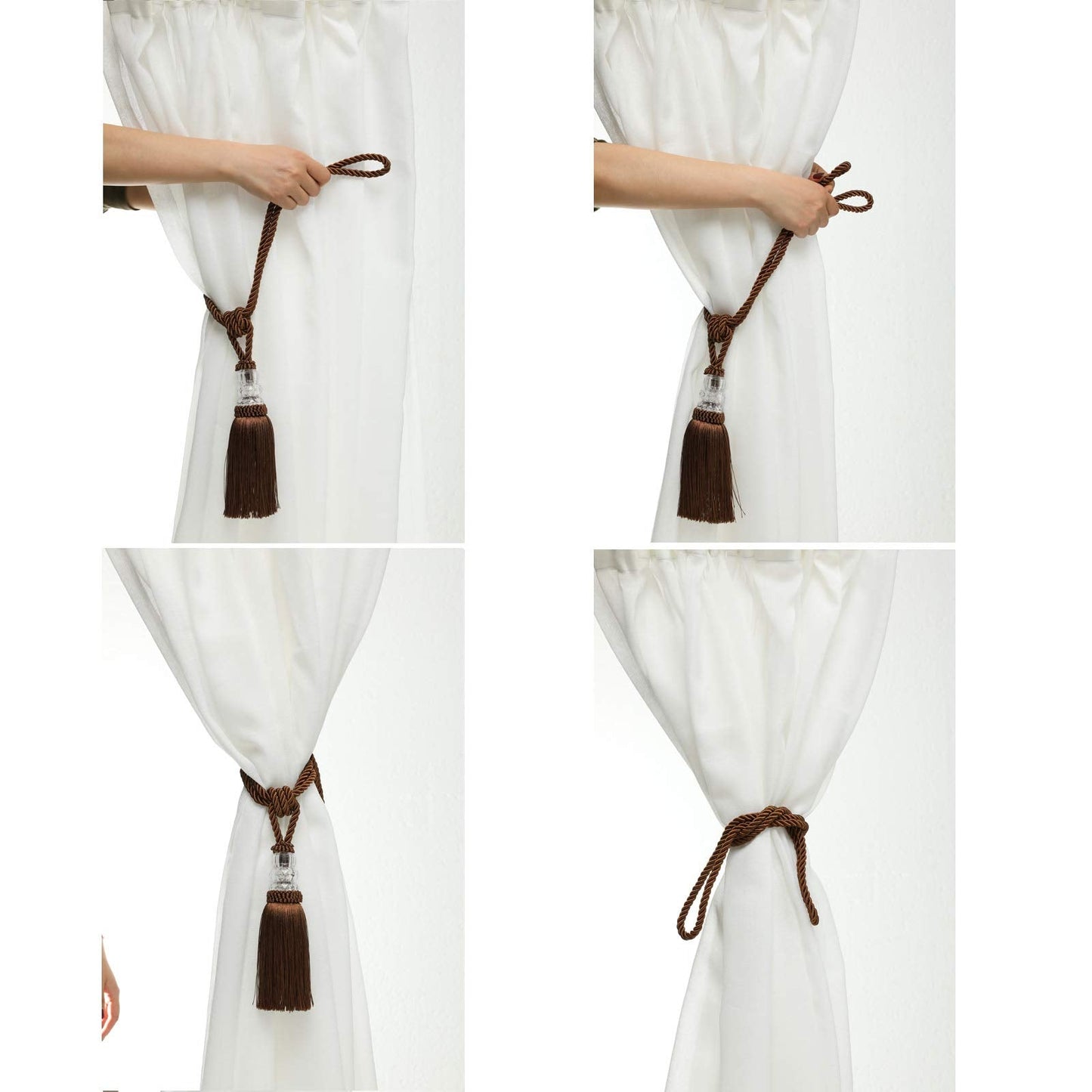 Fenghuangwu Tassel Curtain Tiebacks Handmade Curtain Tie Backs, Elegant Crystal Curtain Holdbacks for Home Office Decor (Coffee, 2P)