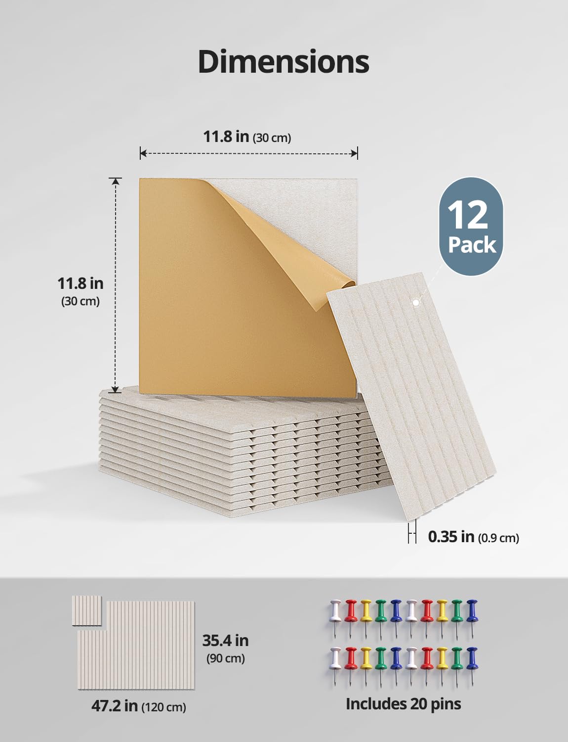 Kuchoow Large Felt Bulletin Board Cork Tiles for Wall Office Decor Beige Memo Pinboards, 48" × 36" Self Adhesive 12 Pack Photo Display Decorative Mood Corkboard Panels for Classroom Kitchen Home