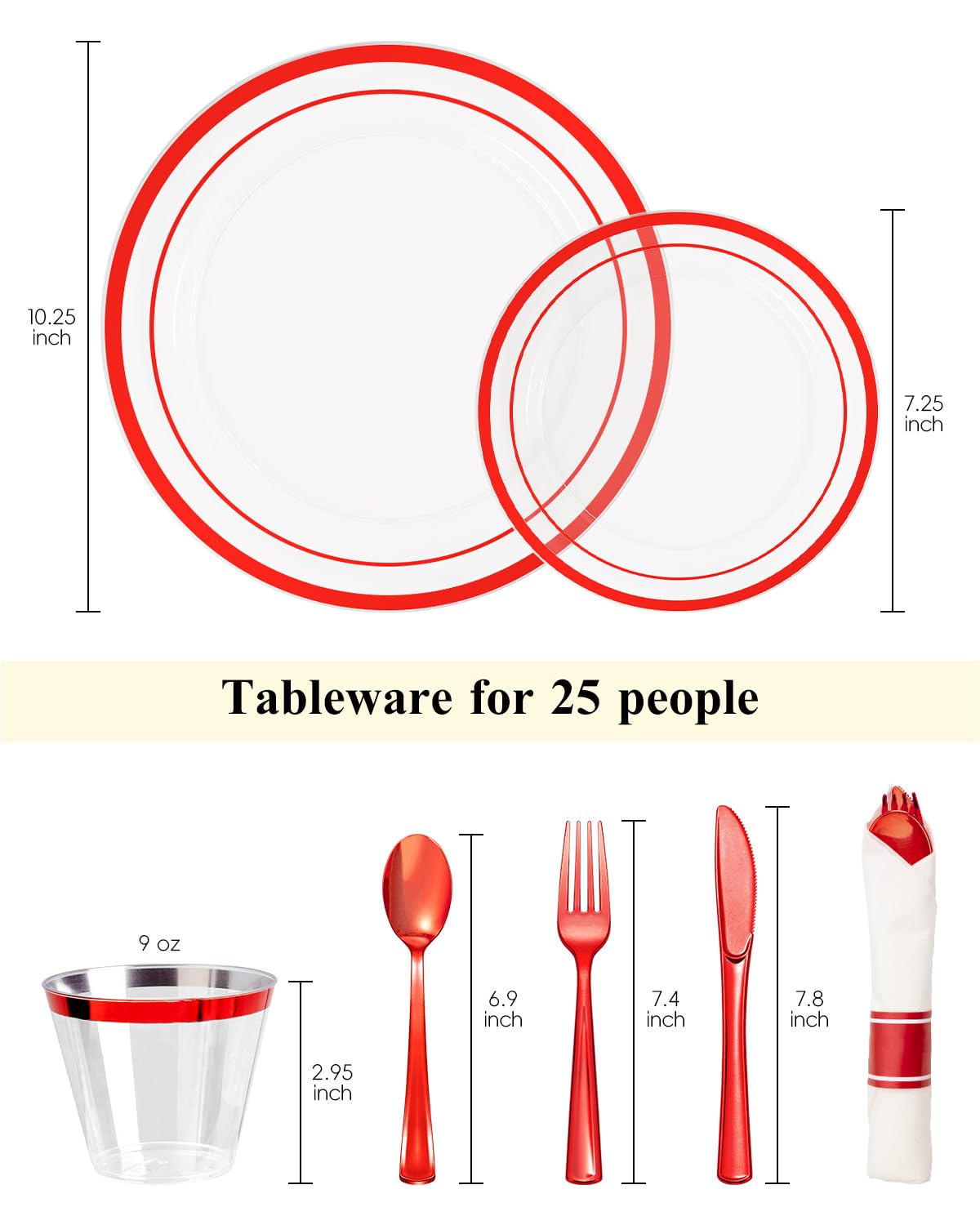 Goodluck 175 Pcs Red Plastic Plates, Clear Plastic Silverware Disposable Plates Set, Include 50 Plates, 25 Pack Pre Rolled Napkins with Silverware, 25 Cups for Party, Christmas, Graduation, Wedding