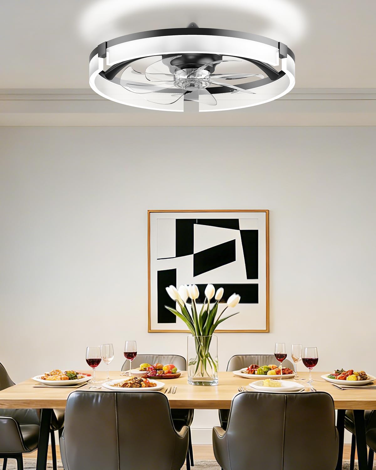 AIKVSXER 20" Ceiling Fan with Light, Modern Low Profile Fan Light, Quiet DC Motor, 6 Speeds, 3000K-6500K Dimmable LED, App & Remote Control, for Bedroom Living Room Indoor Home Decor
