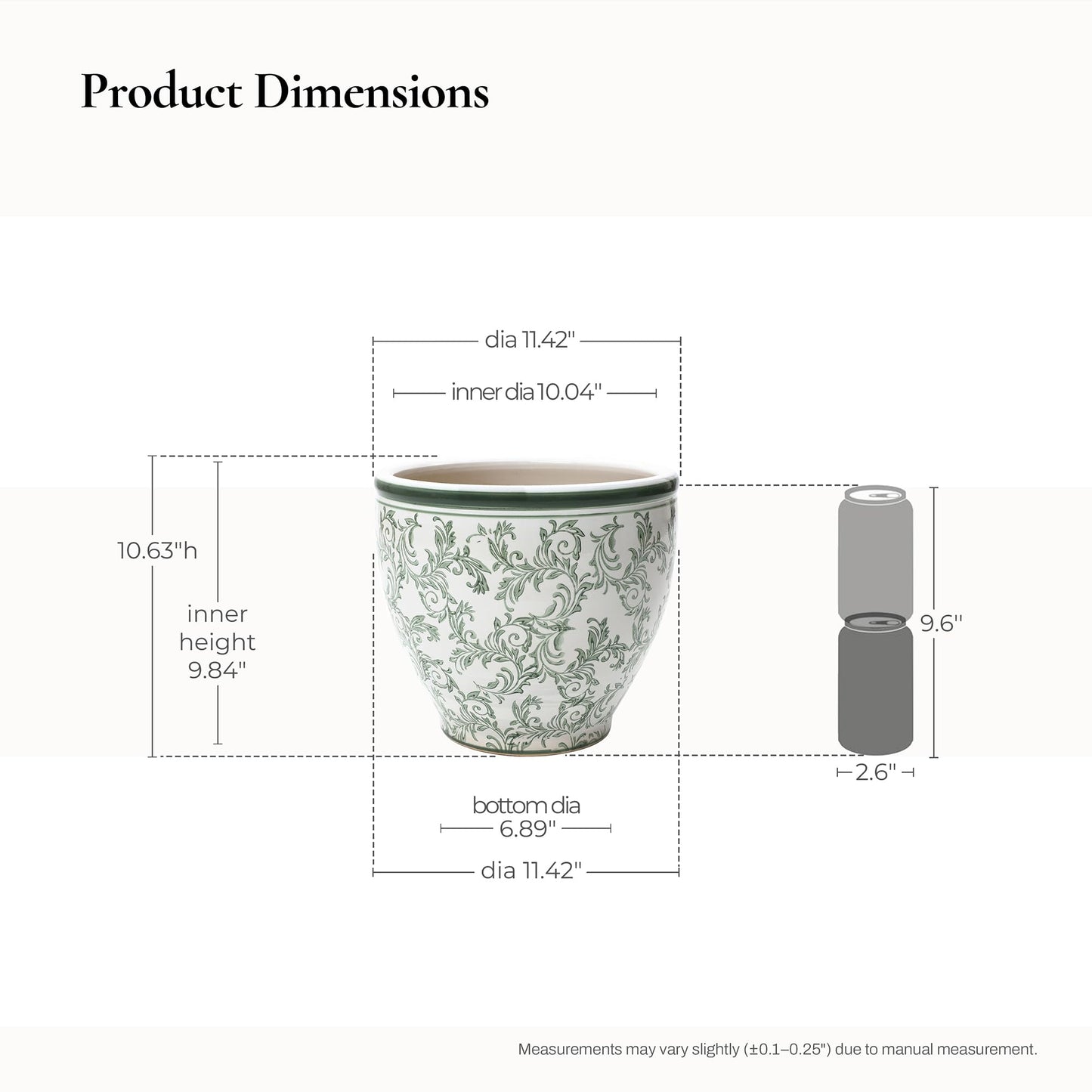LuxenHome 11.4" Dia Round Ceramic Plant Pots with Floral Pattern, Green and White Large planters for Indoor Outdoor Plants with Drainage Hole, Decorative Flower Pot for Home Garden Patio