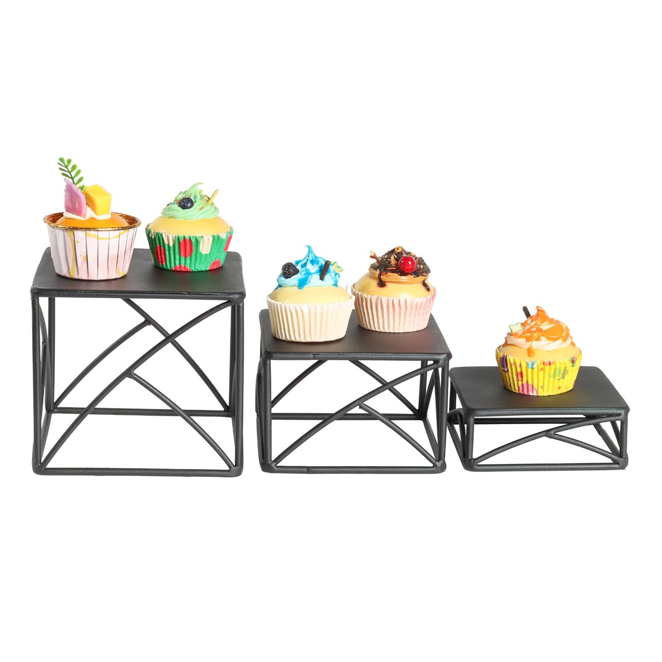 BYCY Dessert Tabletop Risers 6 Inch White Square Matte Wire Nesting Cupcake Risers Display Stand Shelf for Catering Collectibles Jewelry Figures Show , Set of 3 (Black)