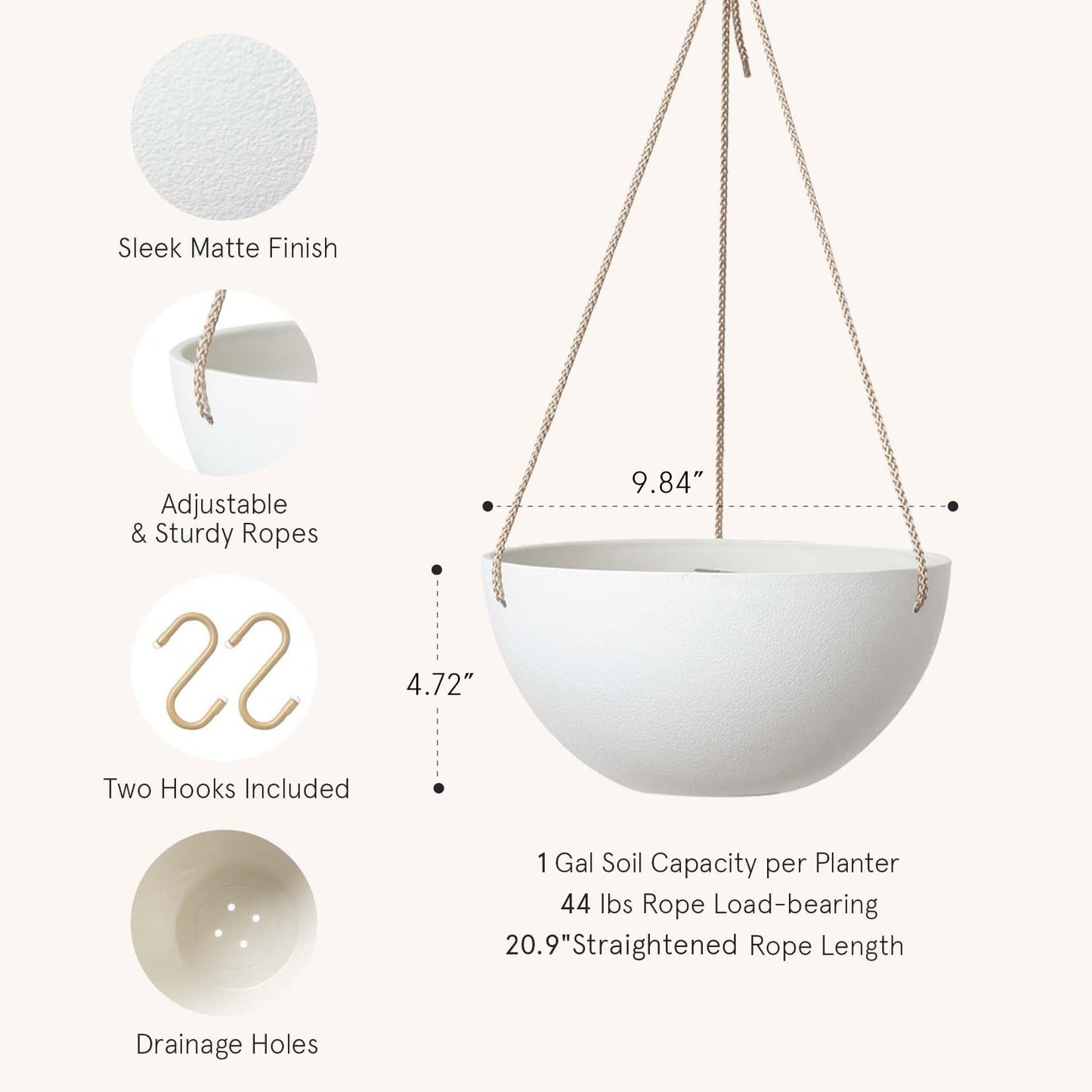 LA Jolie Muse Hanging Planter - 9.84 Inch Hanging Planters for Indoor Plants, Hanging Pots for Plants Indoor Outdoor, Set of 2, White