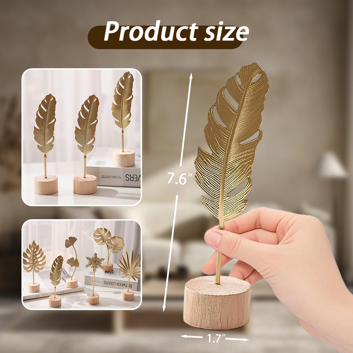 Uimoky Gold Leaf Home Decor Set - Metal Leaves Statues, Modern Artistic Sculptures for Living Room, Office, Shelf & Home Decorative, Handmade 3D Botanical Accents (Monstera, Feather, Ginkgo, 3PCS)