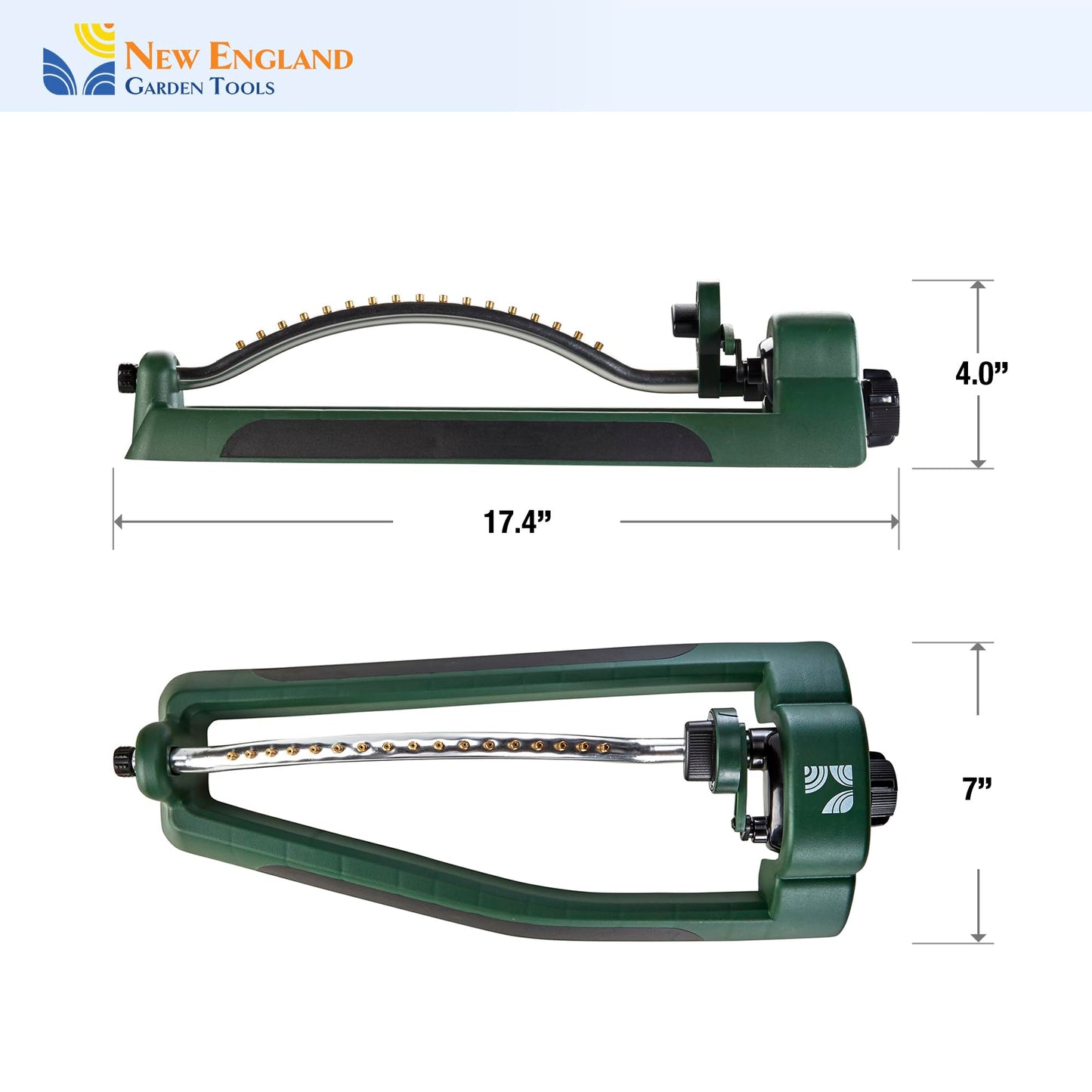 Oscillating Sprinkler 100006, Adjustable Pattern to Cover Up to 2,695 Square Feet, 17 Brass Nozzles on Metal Tube for Even Lawn Watering, by New England Garden Tools