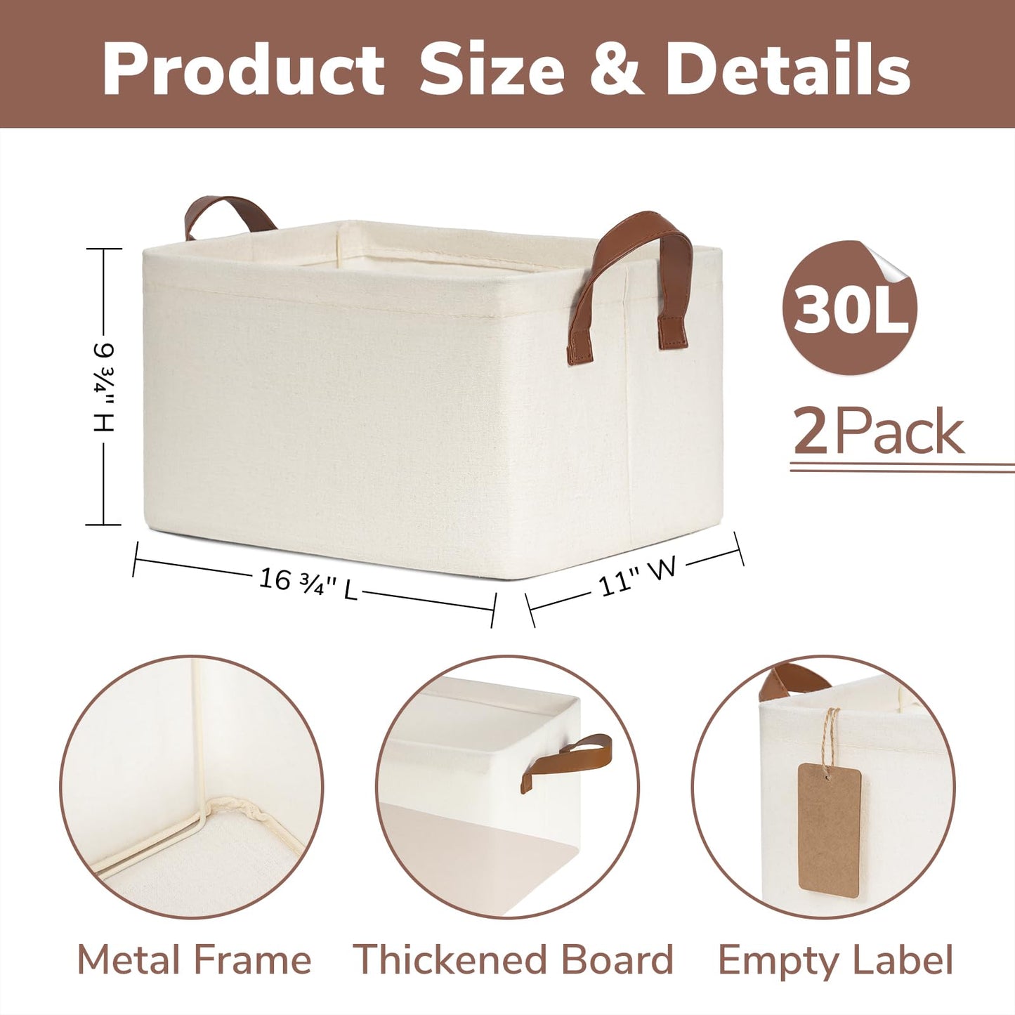 CHICVITA Storage Baskets for Shelves, Closet Organizers and Storage, Modern, Beige, 2-Pack, 16 ¾" L x 11" W x 9 ¾" H