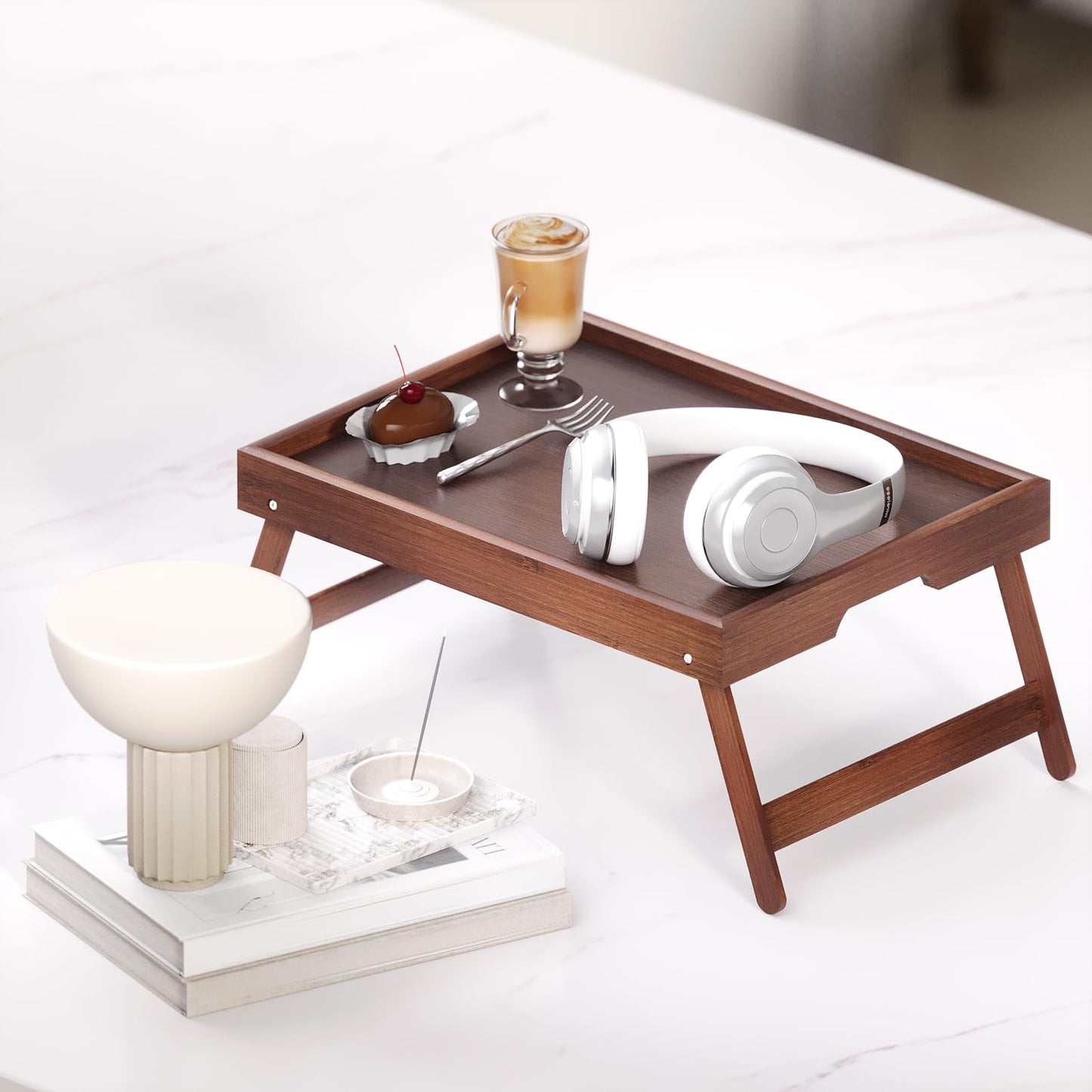 Fibogollo 2 Pack Bamboo Bed Tray Table with Folding Legs,Breakfast Trays,Serving Tray for Food and Snack,Laptop Trays for Working(Brown)