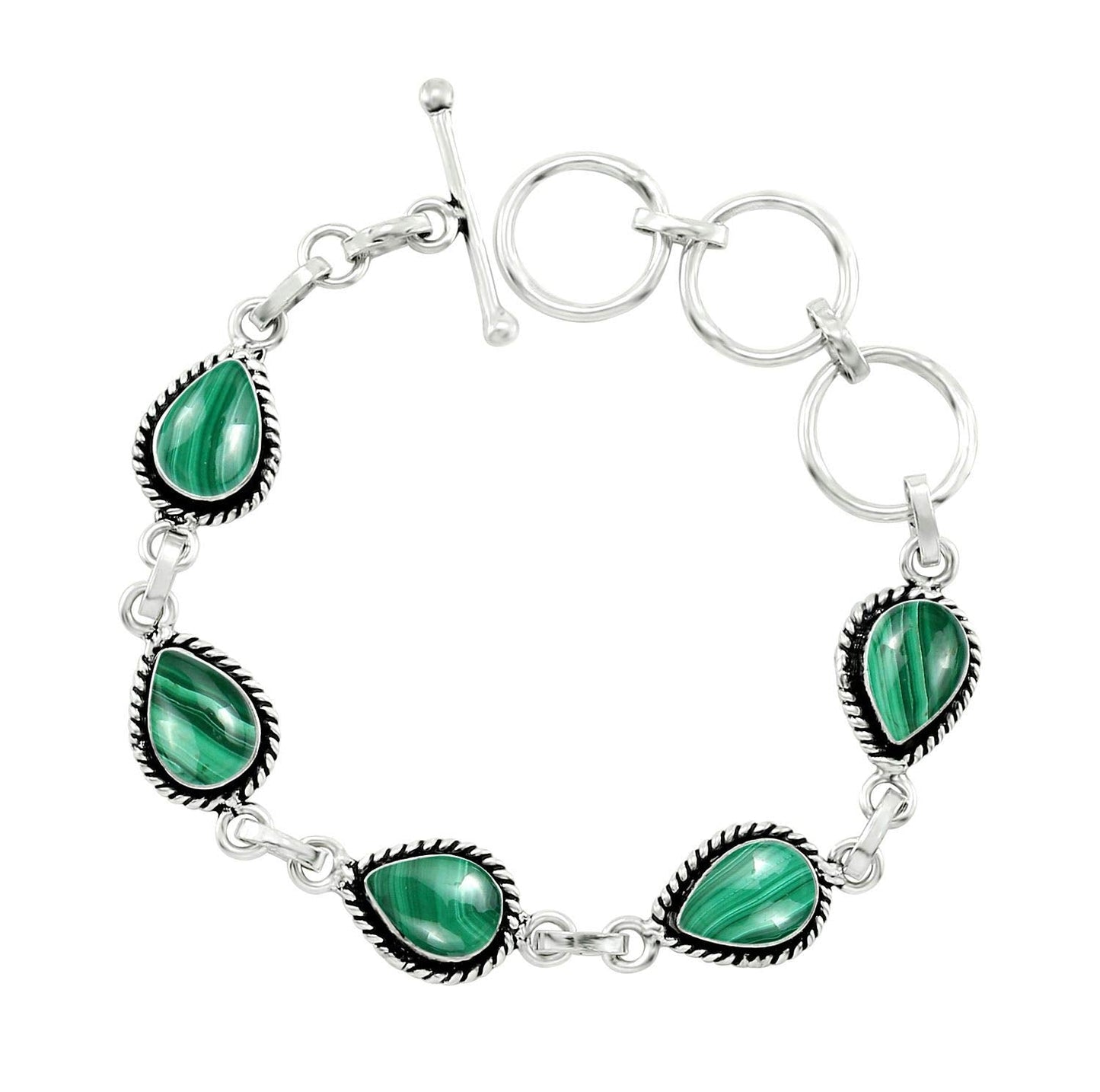 Natural Malachite Silver Plated Link Bracelet for Women - Green Stone April Birthstone Handmade Vintage Style Adjustable Jewelry Bracelet - Valentine Day Gifts for Her