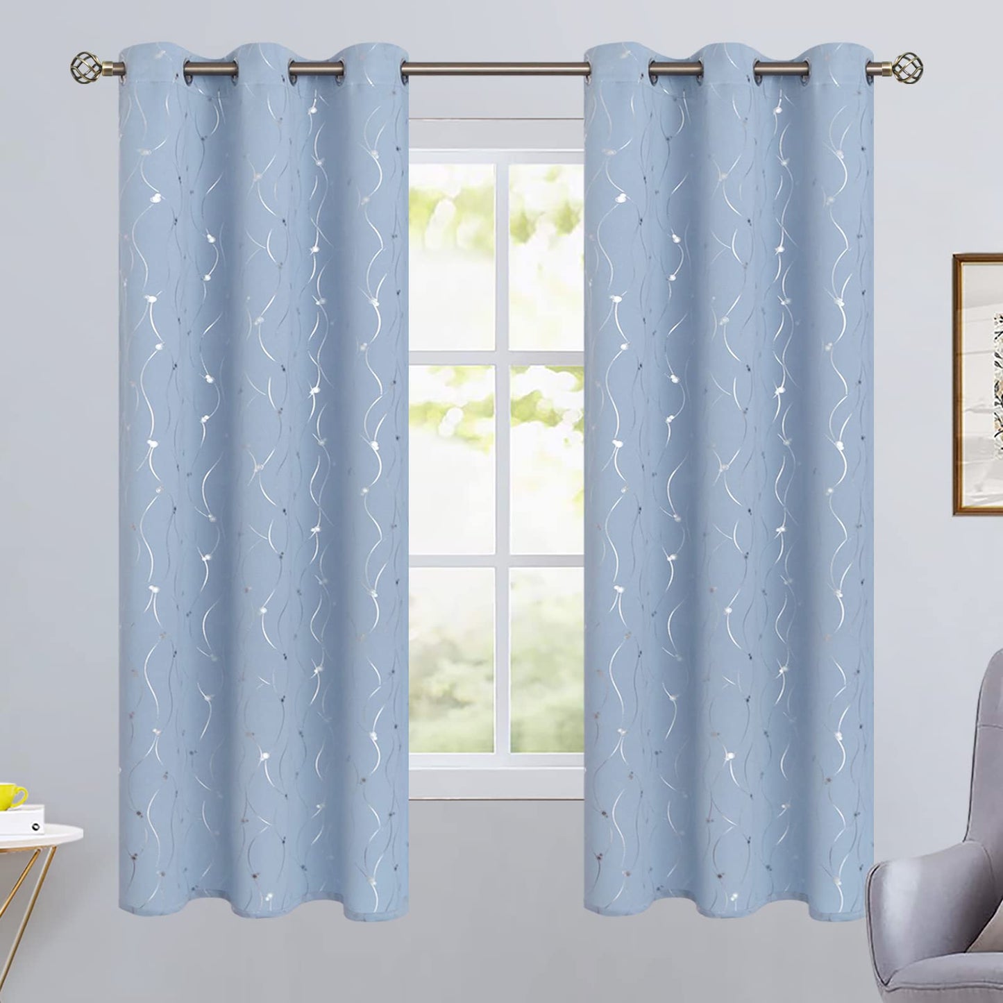 BGment Room Darkening Curtains 63 Inches Long, Grommet Thermal Insulated Blackout Curtains with Wave Line and Dots Printed for Bedroom, 2 Panels, Each 42 x 63 Inch, Light Blue