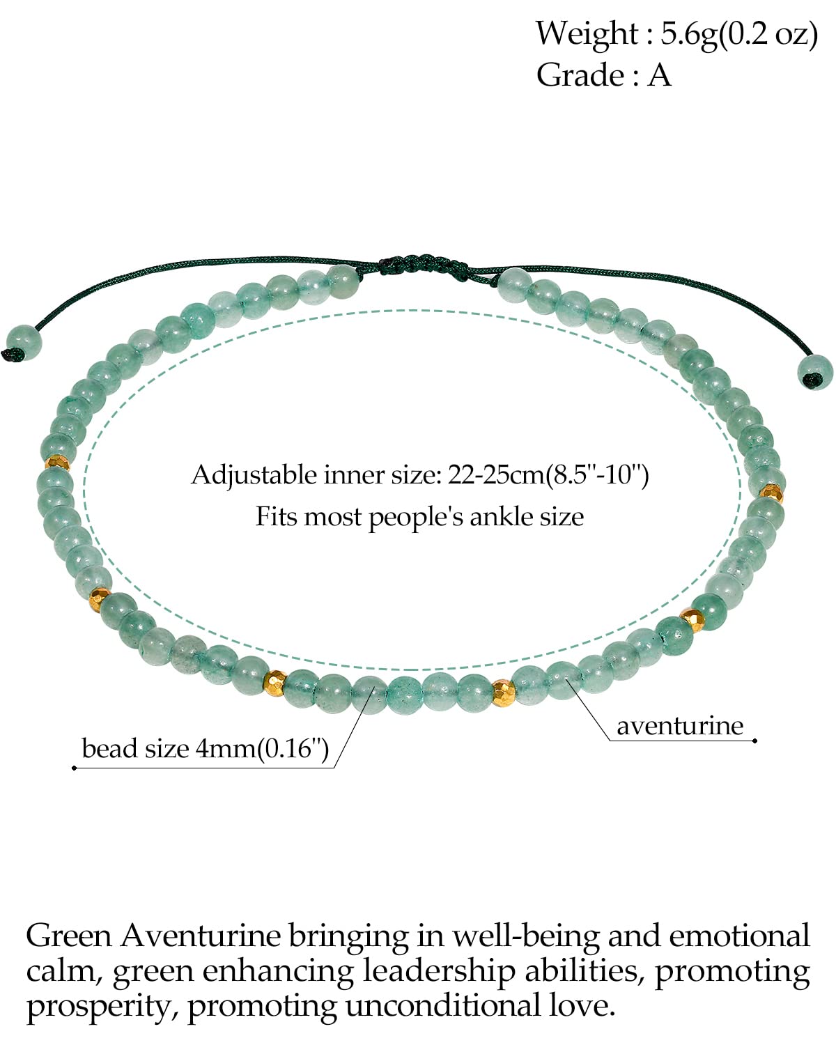 Jewever Aventurine Jade Anklet Bracelet for Women crystals and healing stones Essential Oil Diffuser Beach Foot Beaded Adjustable(8.5-10 Inches)