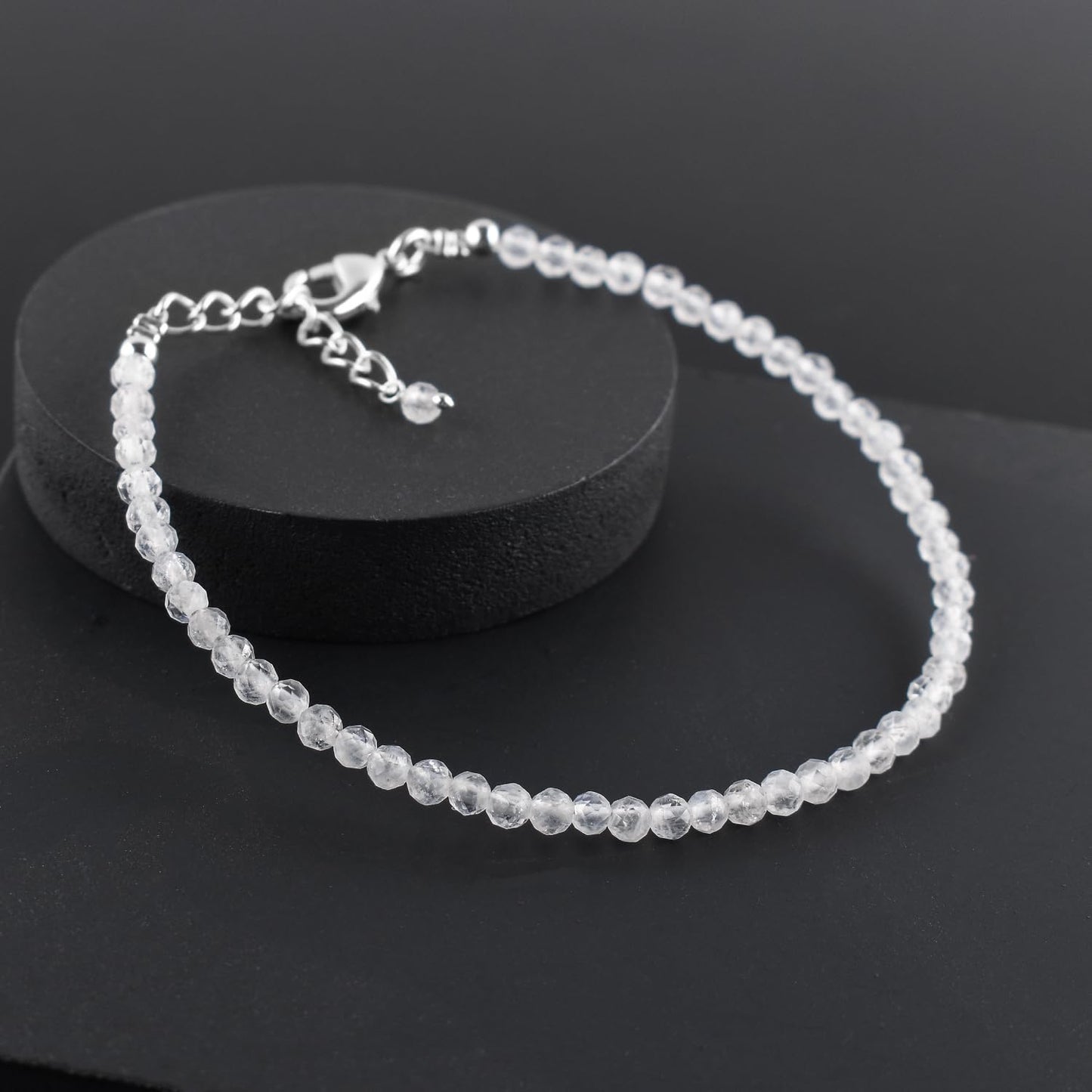 YANARA Moonstone Bracelet Gemstone Micro Beads Dainty Jewelry for Women, Natural June Birthstone, Energy Healing Crystals, Silver Plated Chain 8 inch Birthday Gifts For Her