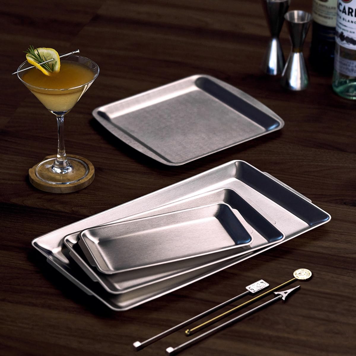 Wagensteiger SUS304 Stainless Steel Serving Platters, Rectangle Metal Dinner Plate with Handles, Decorative Tray, Lightweight, Cheese Board, Oven Safe (14.17 x 7.87 inches)