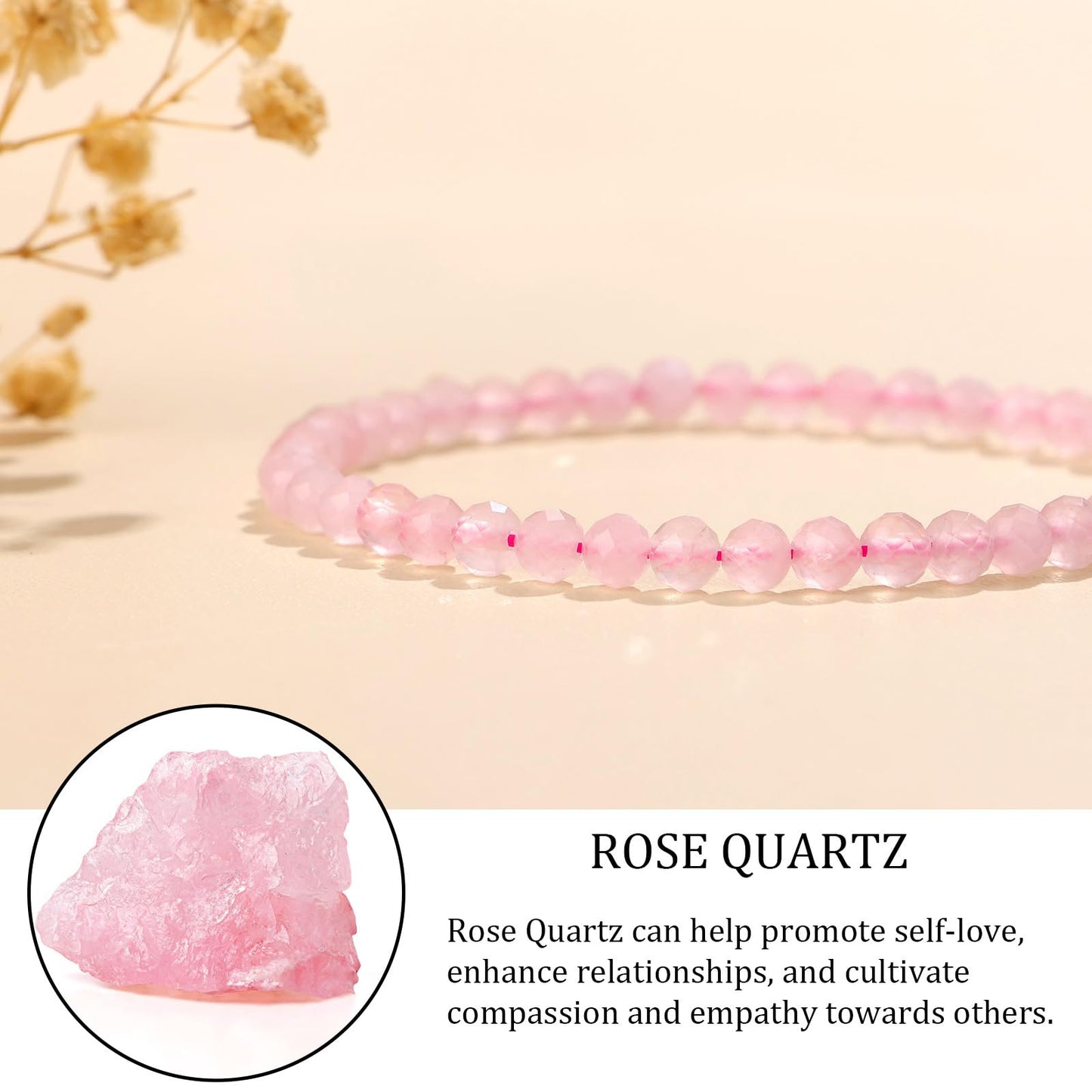 GolbalJew Natural Gemstone Beads Bracelets Healing Crystal Stone Beaded Bracelet for Women Men Handmade Spiritual Jewelry Gifts, 4mm Rose Quartz Faceted Round Beads