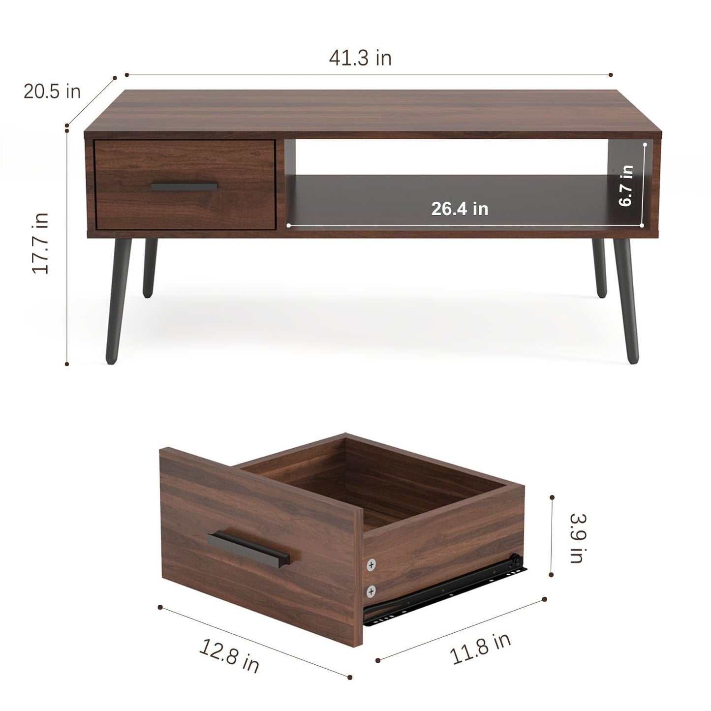 HAIOOU Coffee Table, Mid Century Modern Center Table for Living Room with Storage, Walnut Tea Table with Drawer, Open Storage Shelf, Floor-Anti-Scratching Pine Leg for Home, Office(Dark Brown)