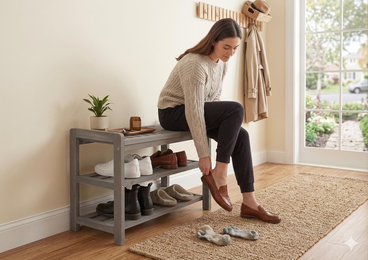 APPAFUN 27-Inch Wooden Shoe Bench for Entryway, 3-Tier Storage Organizer, Rustic Shoe Rack Bench for Narrow Spaces, Brush Grey