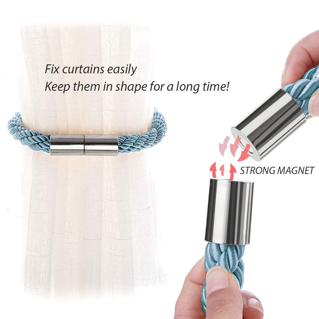 NICEEC 2 Pack Strong Magnetic Curtain Tiebacks Modern Simple Style Drape Tie Backs Convenient Decorative Weave Rope Curtain Holdbacks for Thin or Thick Home & Office Window Draperies (Teal)