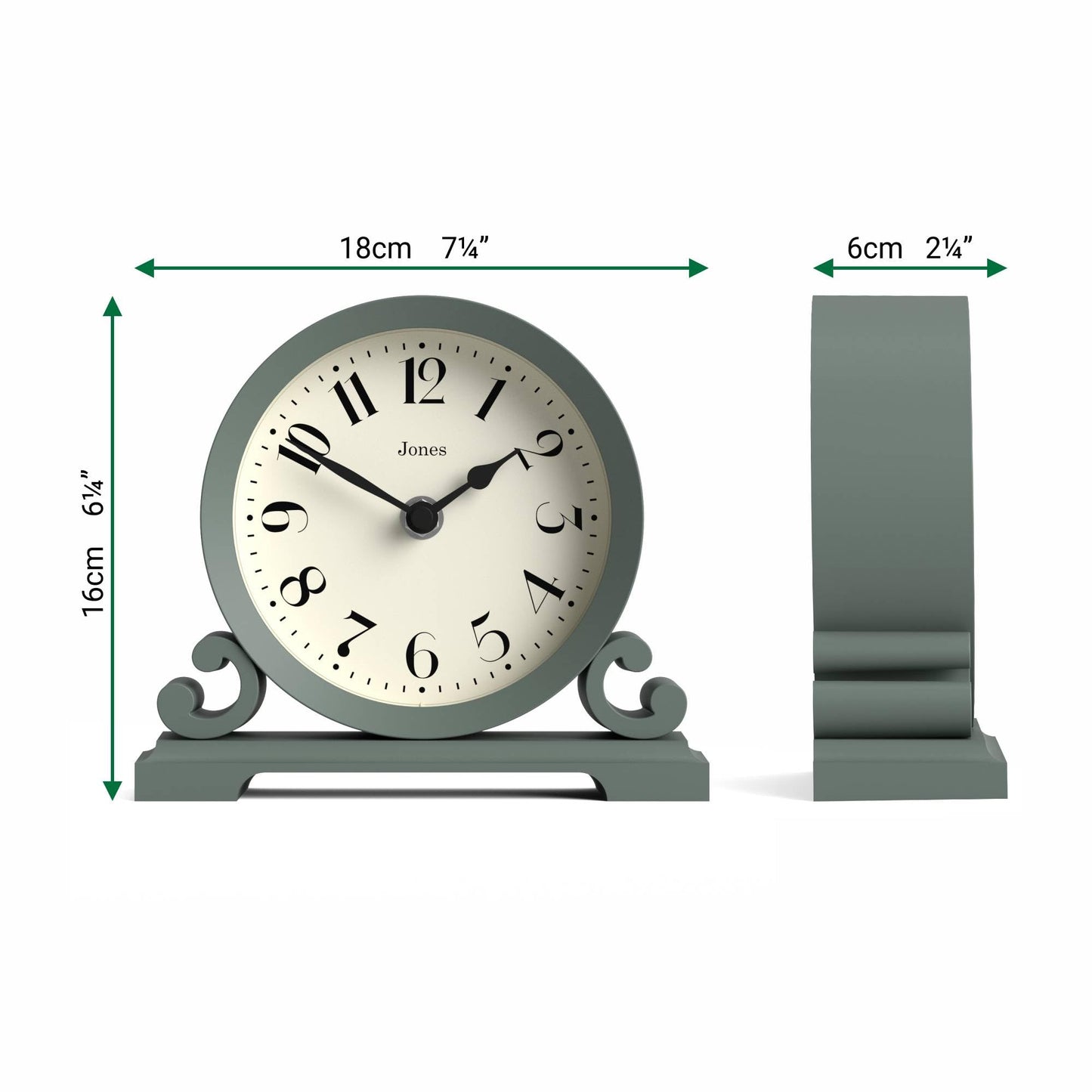 JONES CLOCKS® Saloon Mantel Clock | Small Traditional Double Scroll Design | Green | Contemporary Classic Style for Desk, Table, Shelf or Bedside