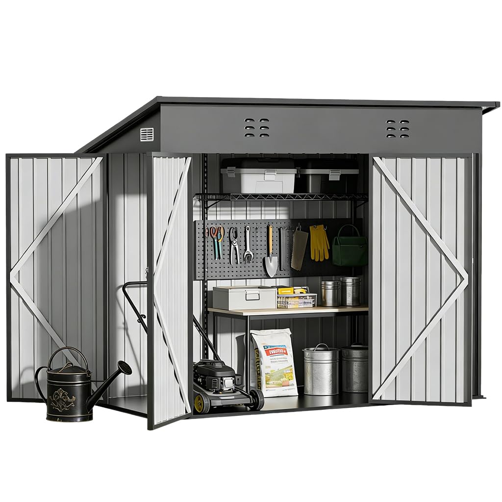 COMHOMA Shed Storage Outdoor Metal Windowed Lockable Weatherproof Ventilated Backyard Garden Utility Workshop(Grey,8'*4')