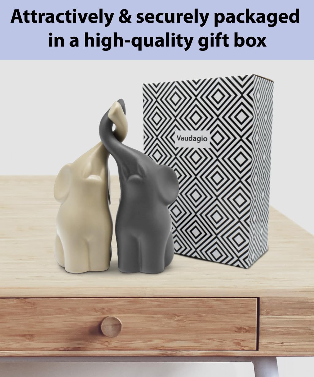 Vaudagio Loving Pair of Elephants in Beige & Grey - Modern Ceramic Sculpture - Figurine as a Set - Decoration Figure 6.3" high - Ornament Elephant in Love
