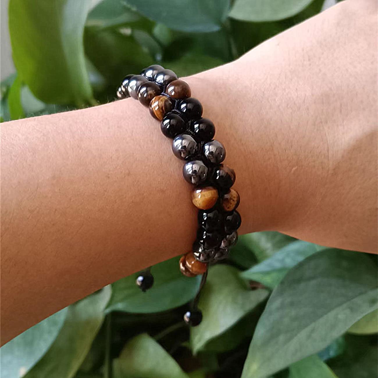 WEFRIN Triple Protection Bracelet for Bring Luck and Prosperity Hematite Black Obsidian Tiger Eye Stone Bracelets for Men Women, Beaded Buddha Rope Uni Bracelet (2pcs)(A(1))