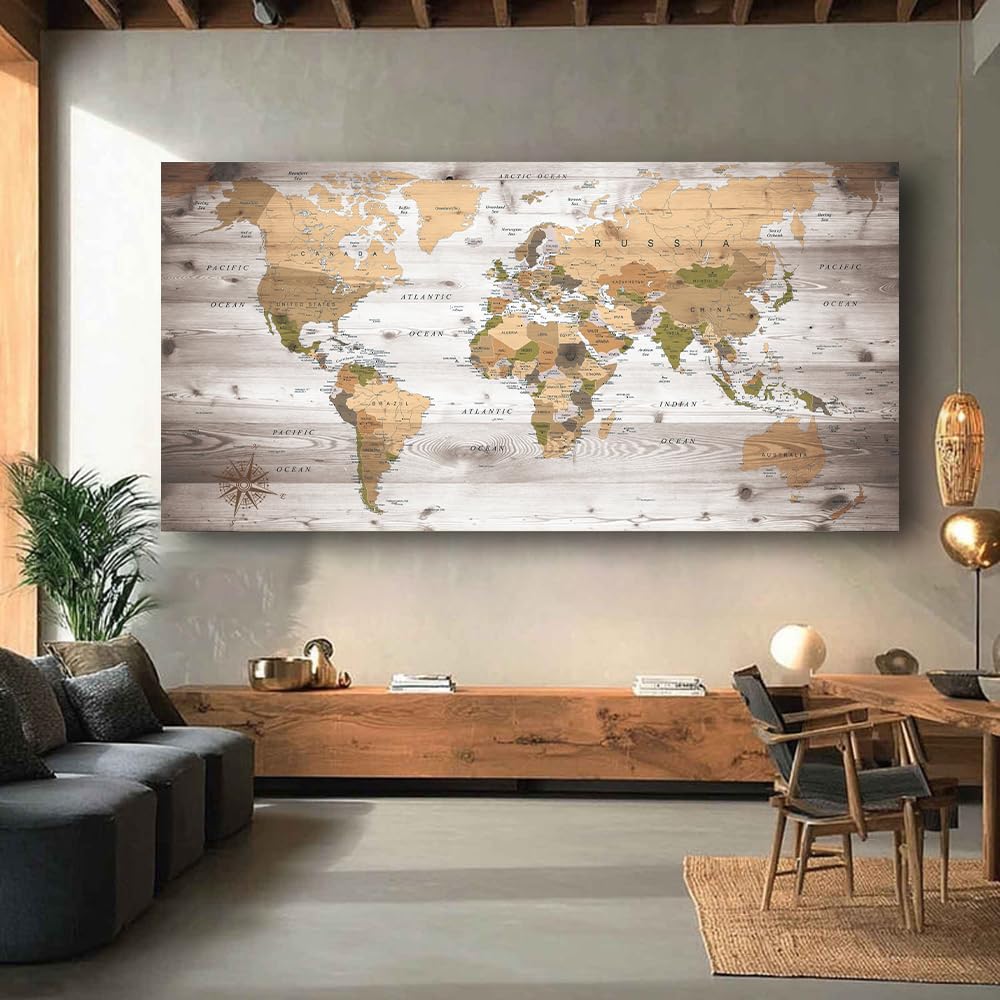 Large Wall Art grey map of The World Painting Ready to Hang 29"x58"Large Framed Wall Art World Map Canvas Map Decorations Artwork Prints