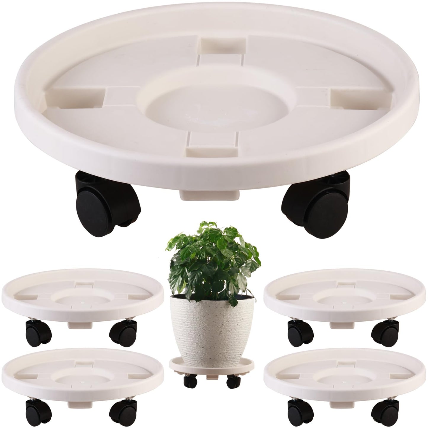 5 Pakcs Large Plant Caddy with Wheels 15.8" Rolling Plant Stands Heavy-duty Plastic Plant Roller Base Pot Movers Plant Saucer on Wheels Indoor Outdoor Plant Dolly with Caster Tray Coaster White