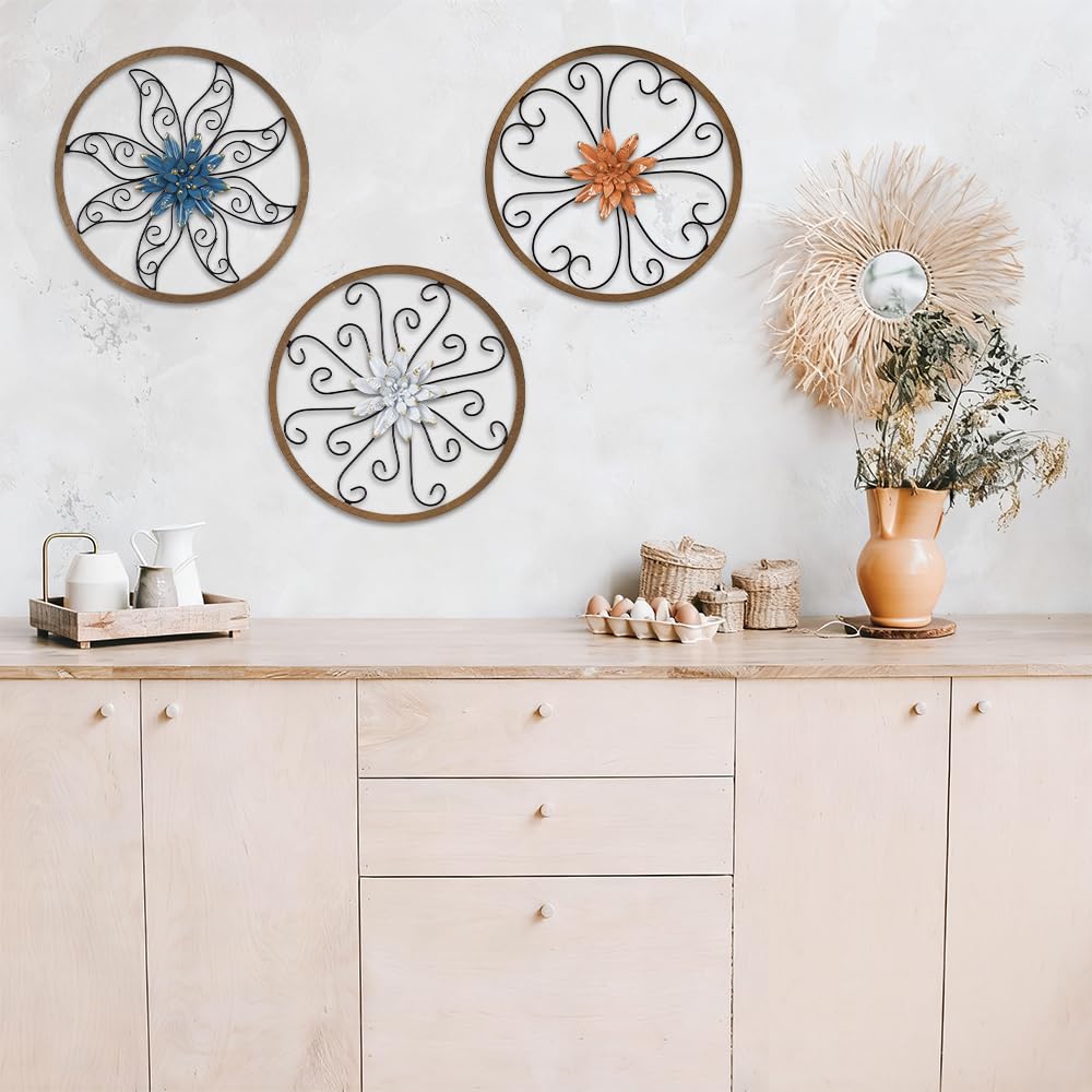 hogardeck Metal Flower Wall Decor - 3 pcs 11" Metal Wood Floral Wall Decoration with 6 Piece Interchangeable Flowers, Hanging Rustic Wall Art for Bedroom, Living Room, Bathroom, Kitchen