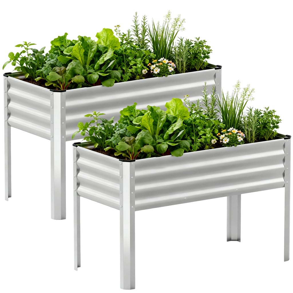 COMHOMA 2 Pack Raised Garden Bed with Legs 4x2x2.5ft,Large Elevated Galvanized Metal Planter Box with Drainage Holes,Outdoor Growing Kit with Gloves Tools for Backyard Patio Lawn,Sliver