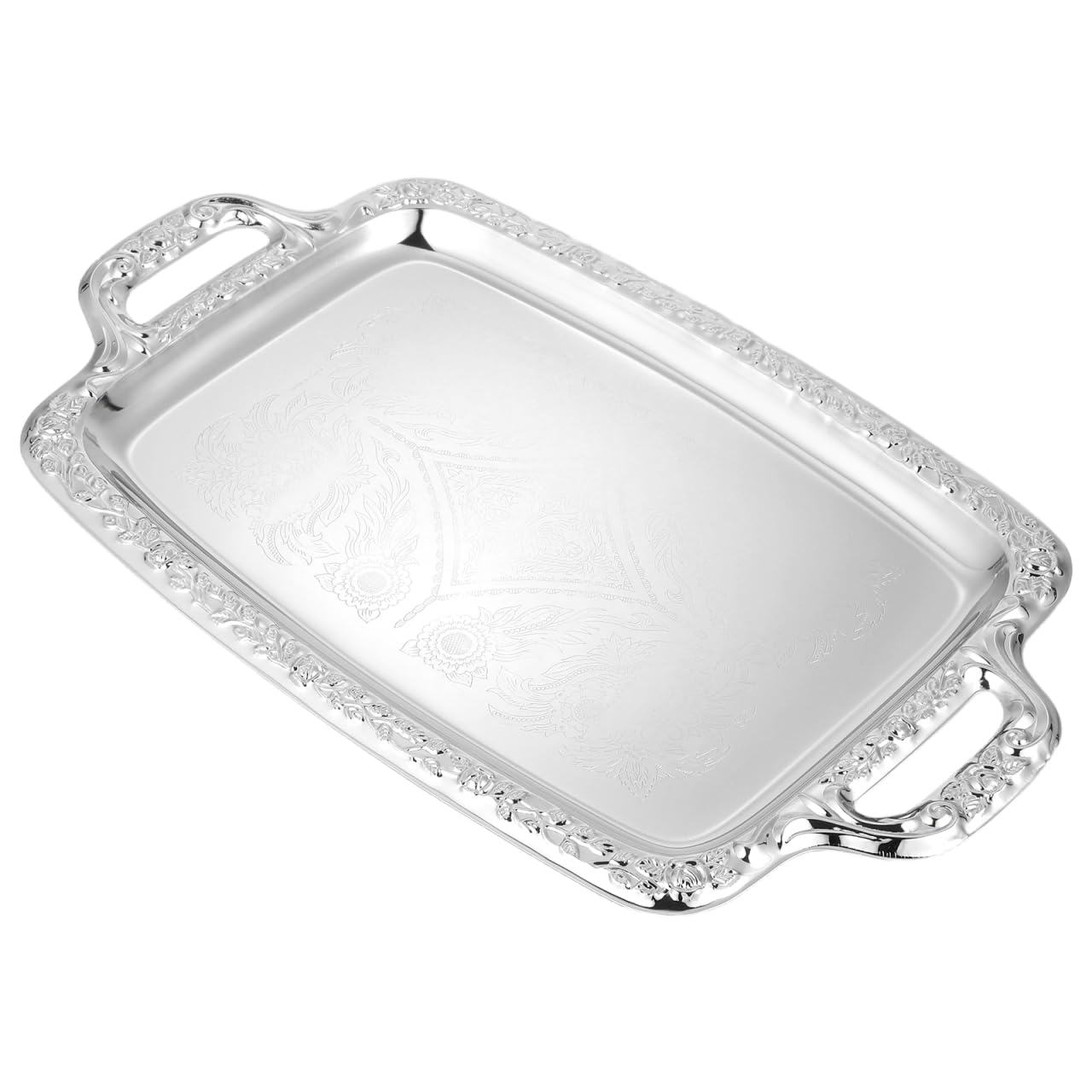 Housoutil Metal Serving Tray, Silver Large Rectangular Antique Serving Platter, European Retro Style Tray for Cookies, Charcuterie, Snacks, Desserts, Fruit, Party Food (39. 00x23. 00x1. 70cm)