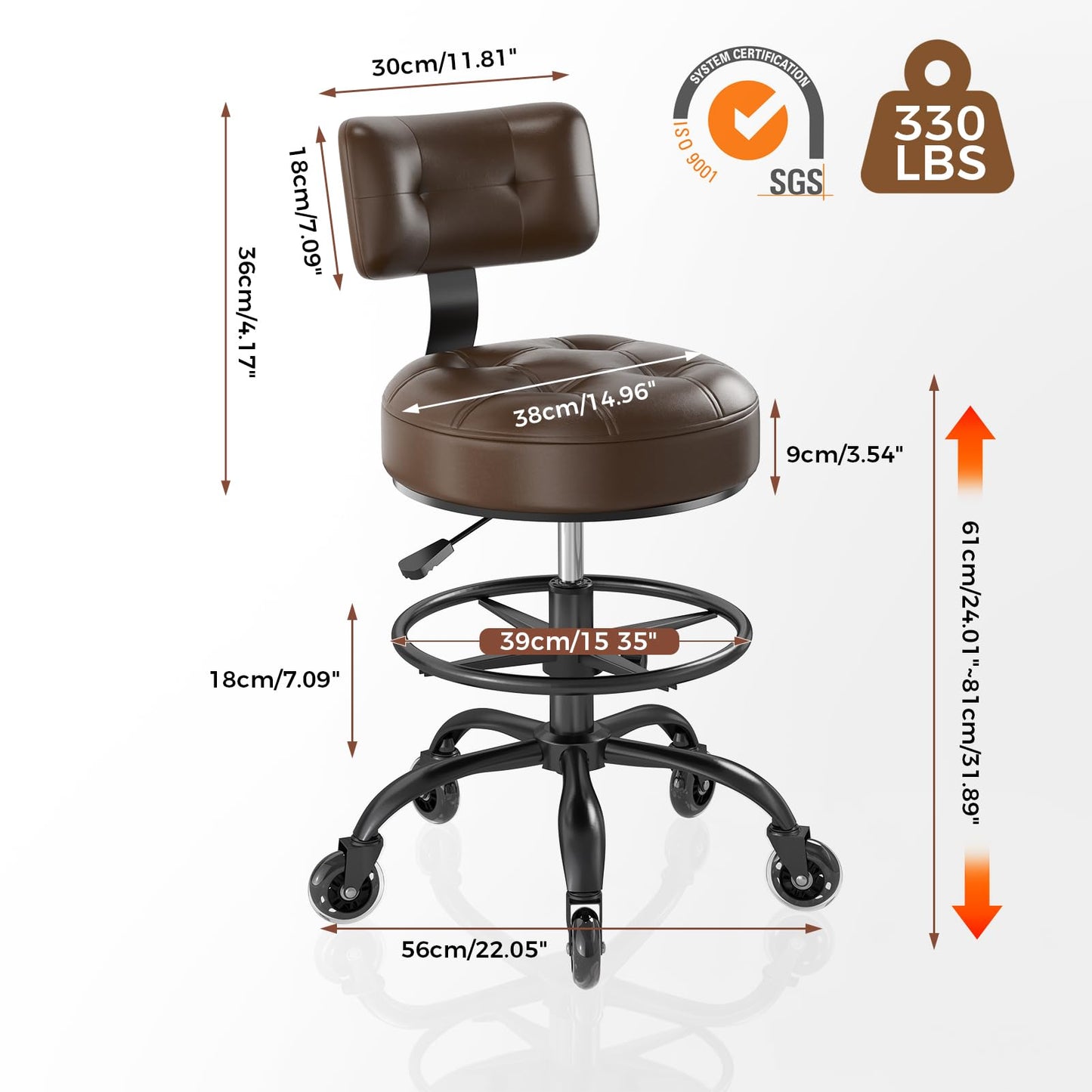 Office Drafting Chair with Footrest, Tall Height Adjustable Stool with Back Support, Heavy Duty Rolling Stool Chair with Wheels for Office Home Kitchen Bar Shop Guitar Studio Medical Vanity(Brown)