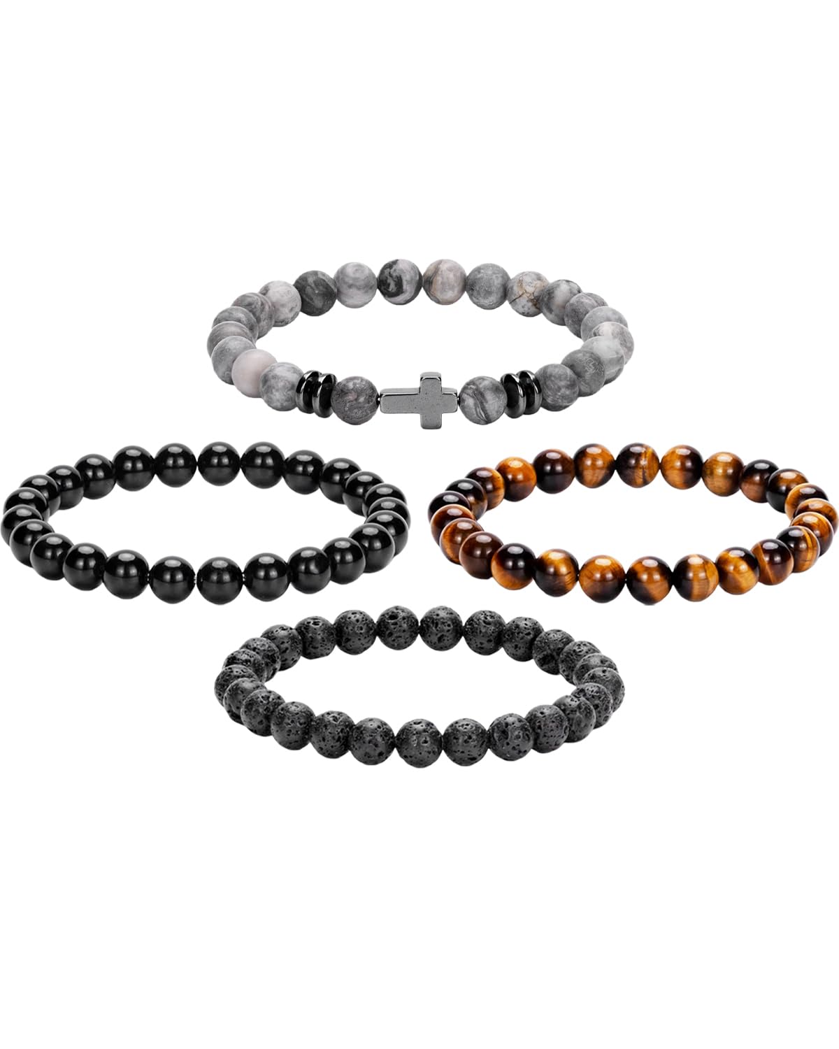 Crystery Men Beaded Bracelets, 8mm Natural Stone Bracelet, Healing Crystal, Jewelry Gifts for men, Triple Protection, Map Stone, Tiger Eye, Black Obsidian Beads Bracelets, Lava Rock, Pack of 4