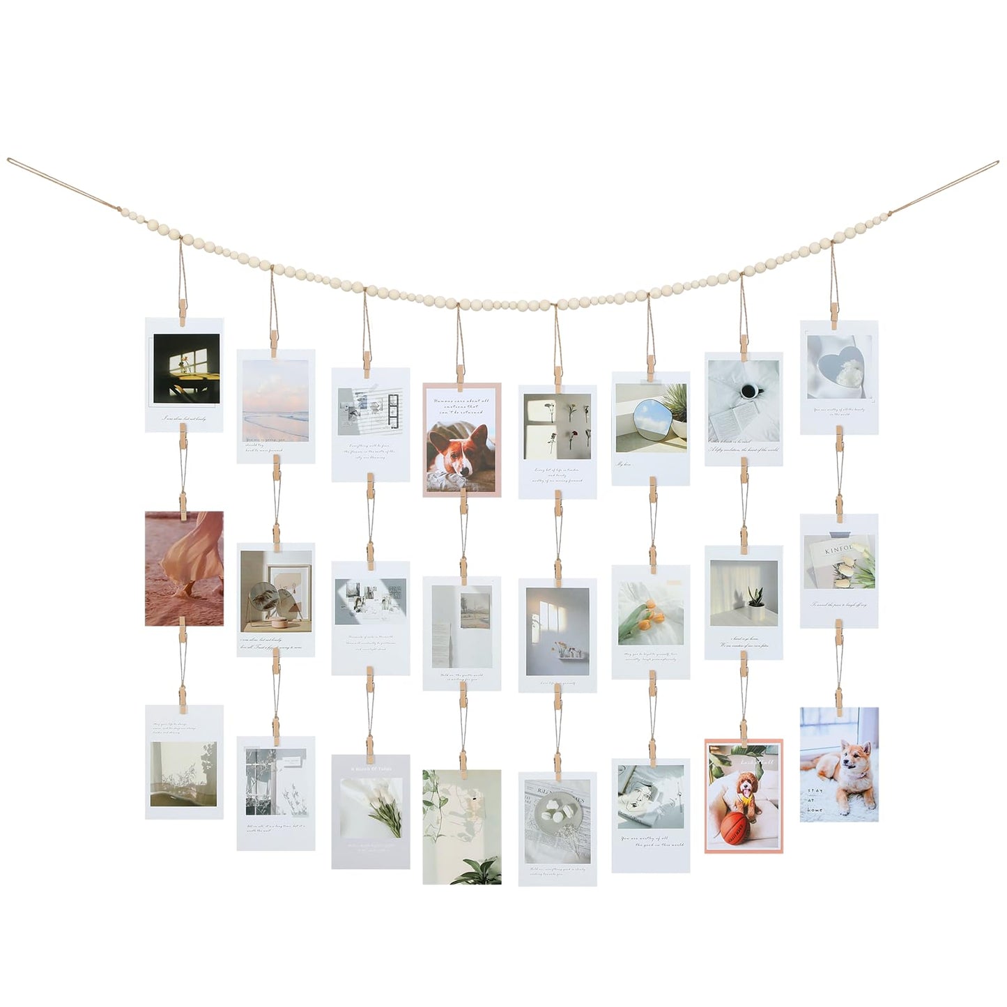 KLOGTSIND Hanging Photo Display with Clips Wall Decor, Boho Wooden Beads Garland Picture Banner, Collage Card Kids Art Holder Photo String with 28 Clips for Room Dorm Decor, Christmas Teen Girl Gifts