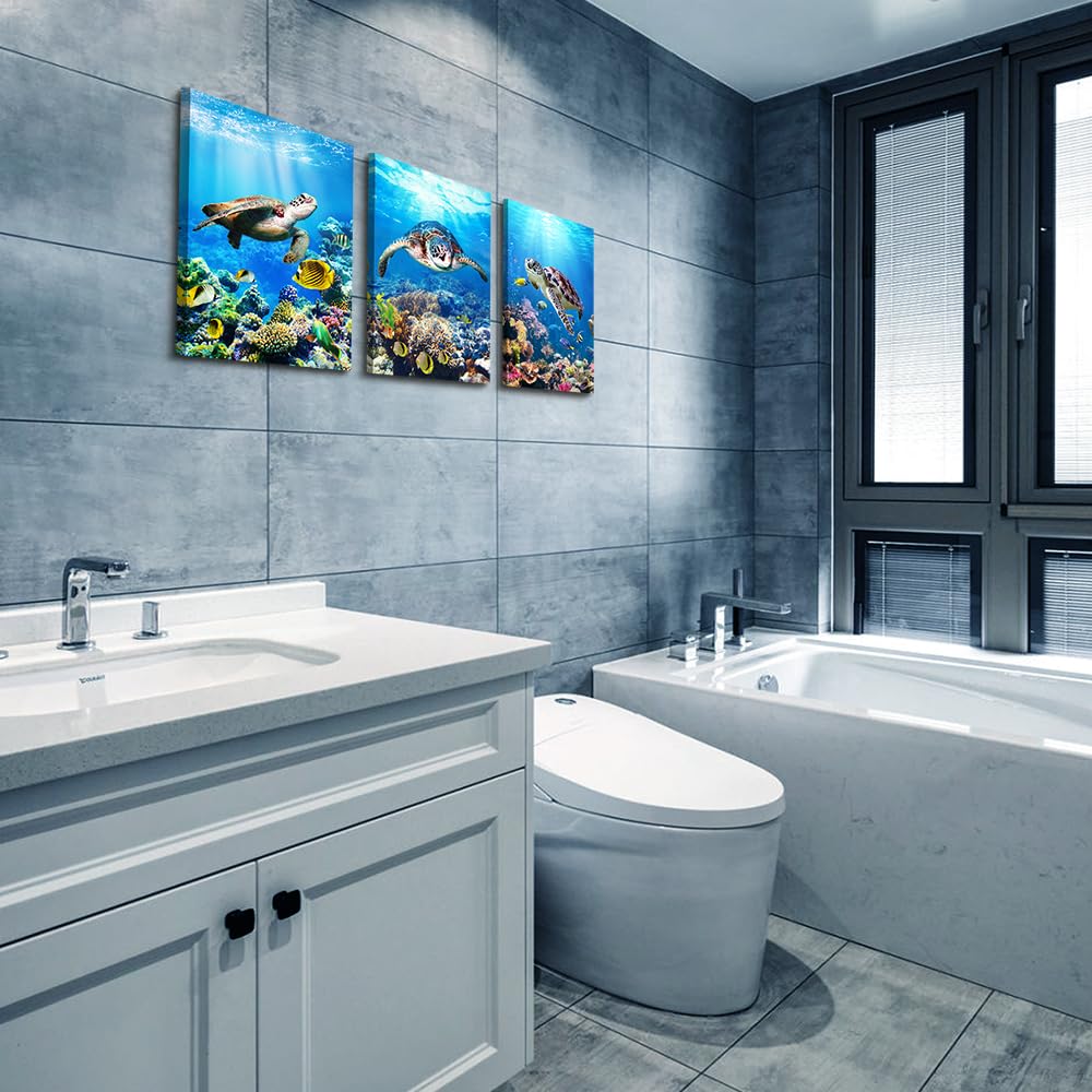 MHARTK66 Canvas Wall Art - Modern Decor for Living Room, Bedroom & Office - Sea Turtle Wall Paintings - Ocean & Underwater World Pictures - 3 Panels Ready to Hang - 12" X 16" Each