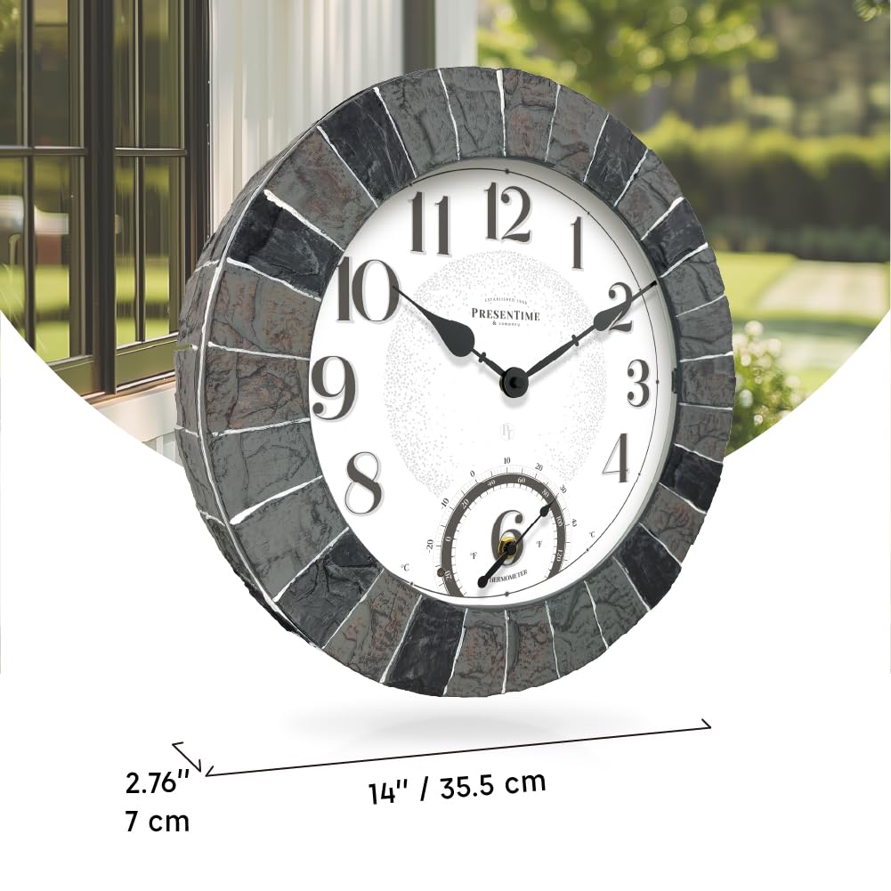 Presentime & Co 14" Illuminated in/Outdoor Clock with Smart Sensor and Night Light, Waterproof, Large Wall Clock with Thermometer, for Garden and Patio -Faux Slate.
