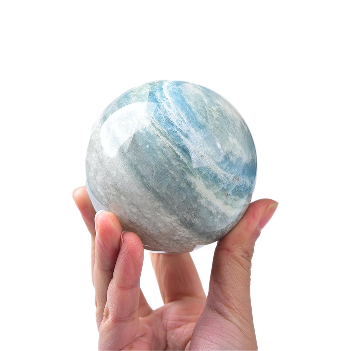 JIC Gem Natural Trolleite Crystal Ball Sphere Blue Healing Crystal Gemstone Ball with Display Stand Home Decor Meditation Grid Energy Balance (70-80mm)