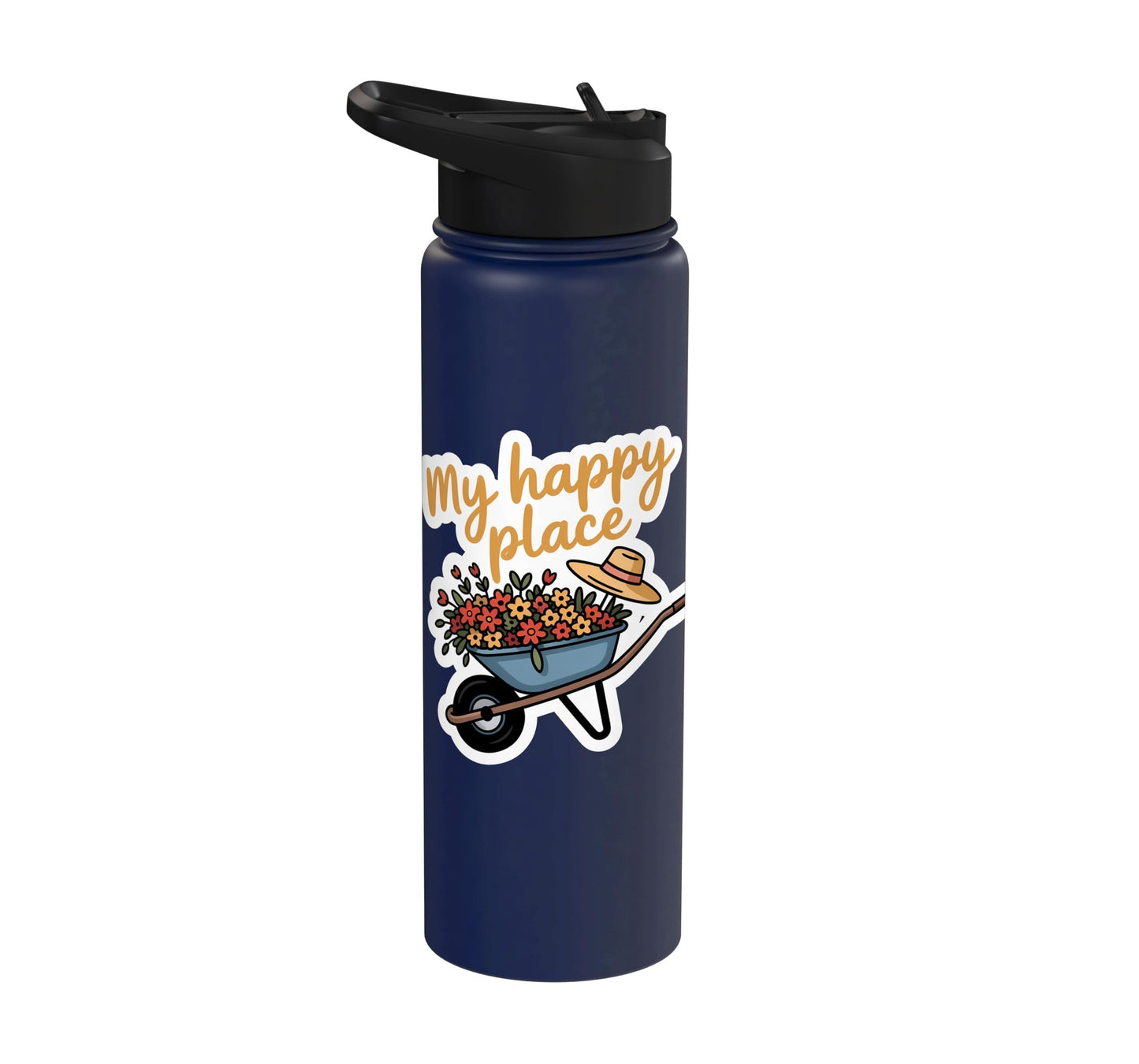 Cheerful Wheelbarrow Flowers Straw Hat Gardening Stainless Steel Insulated Water Bottle