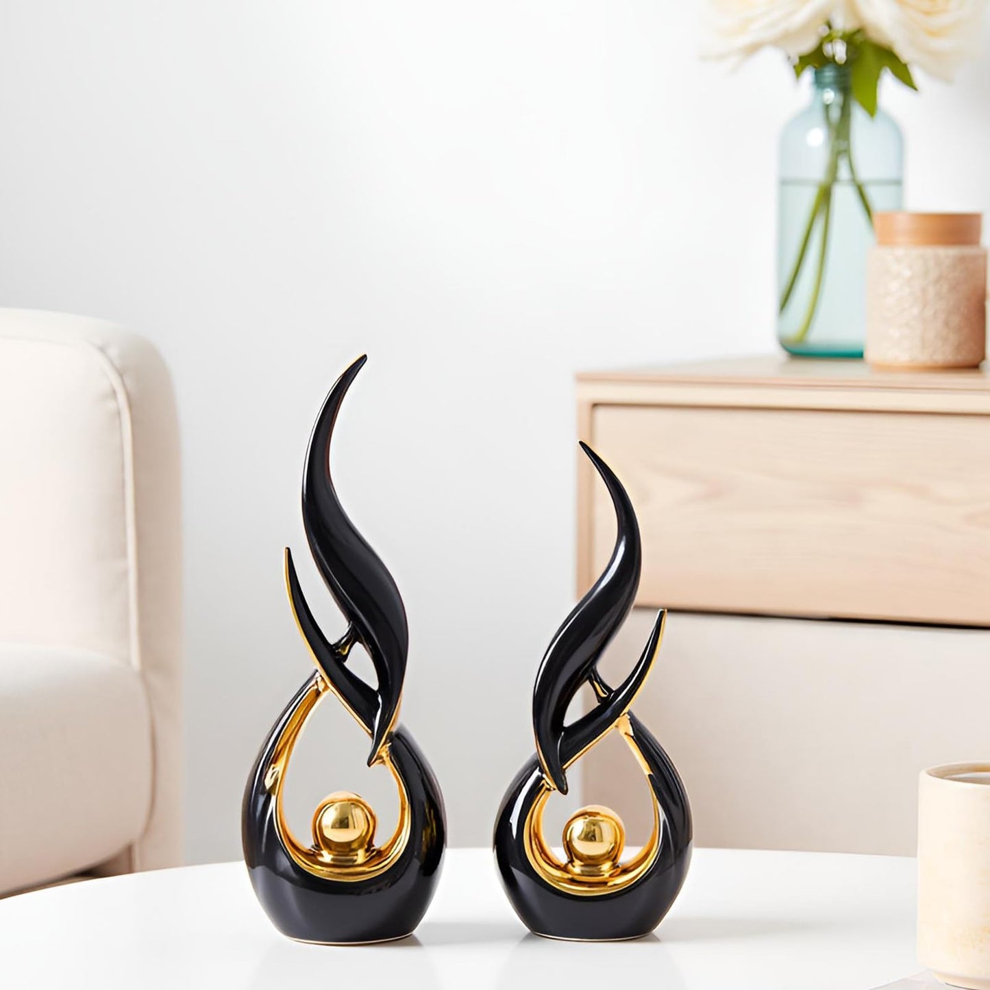 XMGZQ Gold Ceramic Abstract 2 Piece Statue Set,Mid Century Modern Abstract Art Home Decor Statue Mantelpiece on Unique Shelf Decor, TV Cabinet Divider Table top and Dining Table Centerpiece (Black)