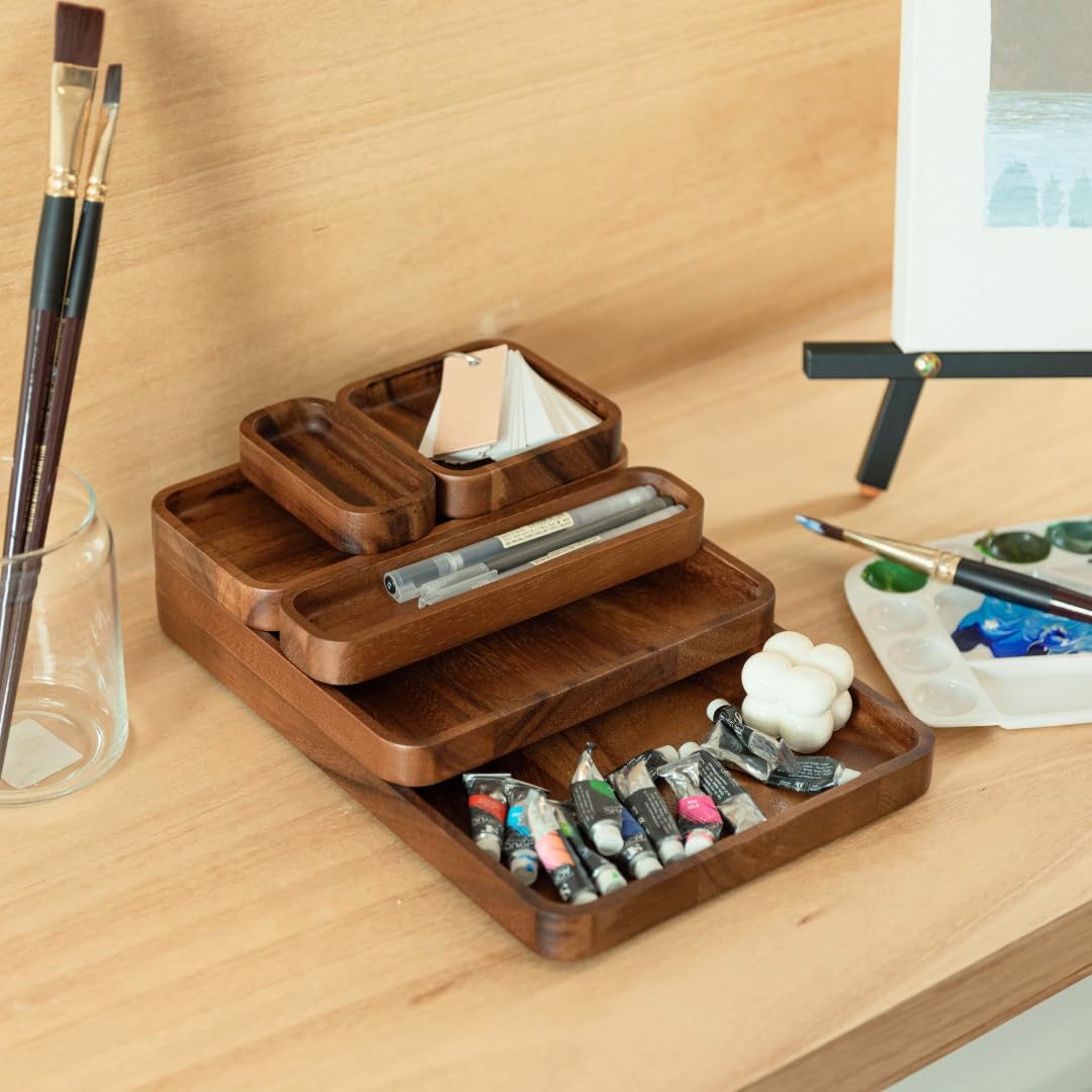 Premium Wooden Stackable Modular Desk Organizer Tray: Set of 6-Pieces Nested Acacia Wood Storage Trays for Office, Kitchen, and Home Organization in Contemporary Style